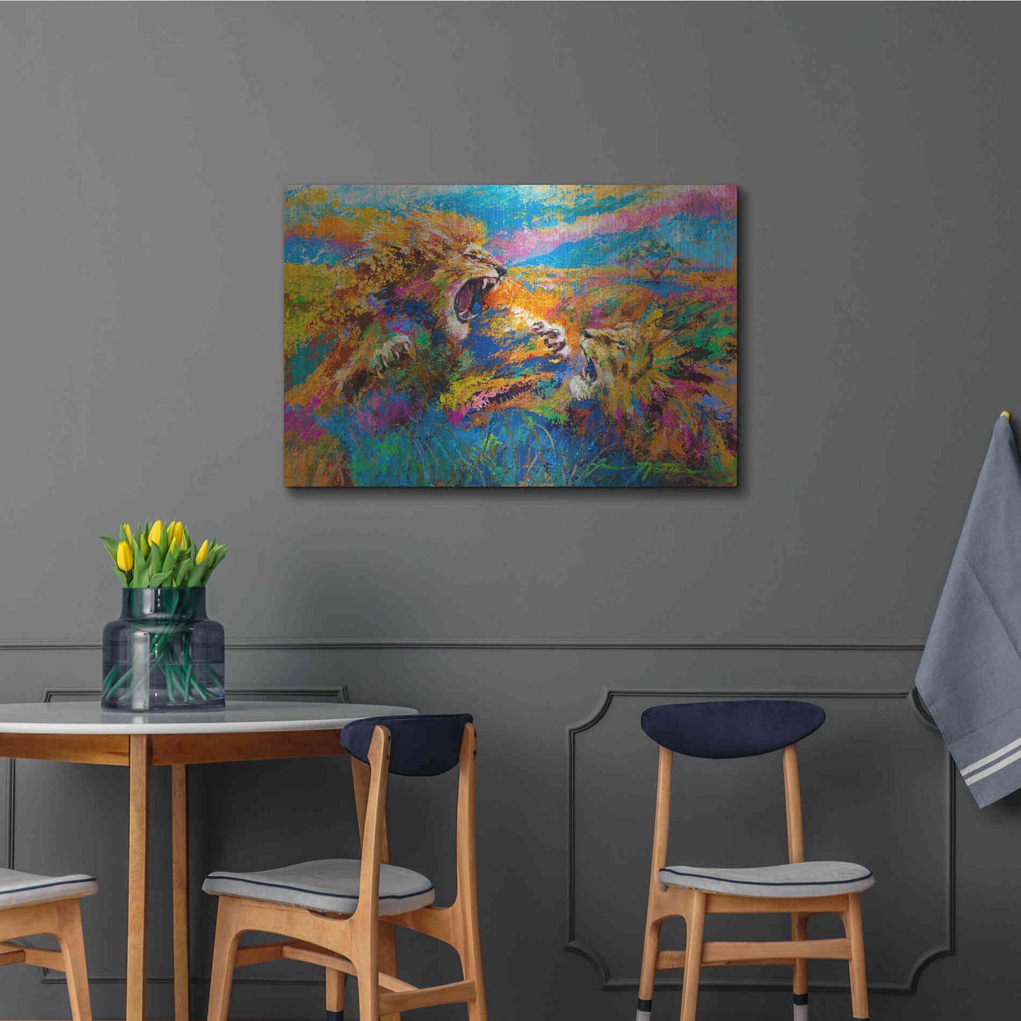 Luxe Metal Art 'Pride Fight in the Savanna African Lions' by Jace D McTier, Metal Wall Art,36x24