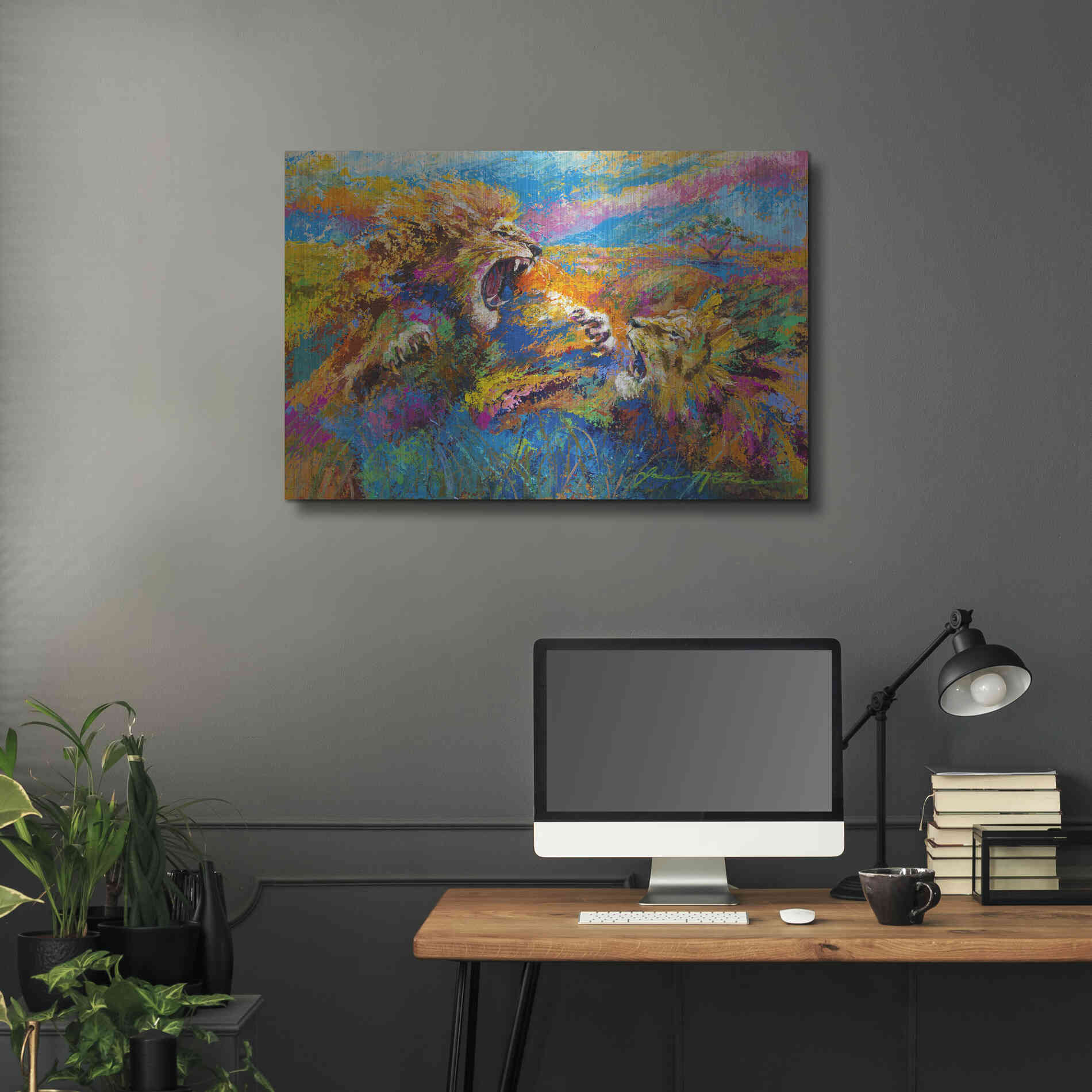 Luxe Metal Art 'Pride Fight in the Savanna African Lions' by Jace D McTier, Metal Wall Art,36x24