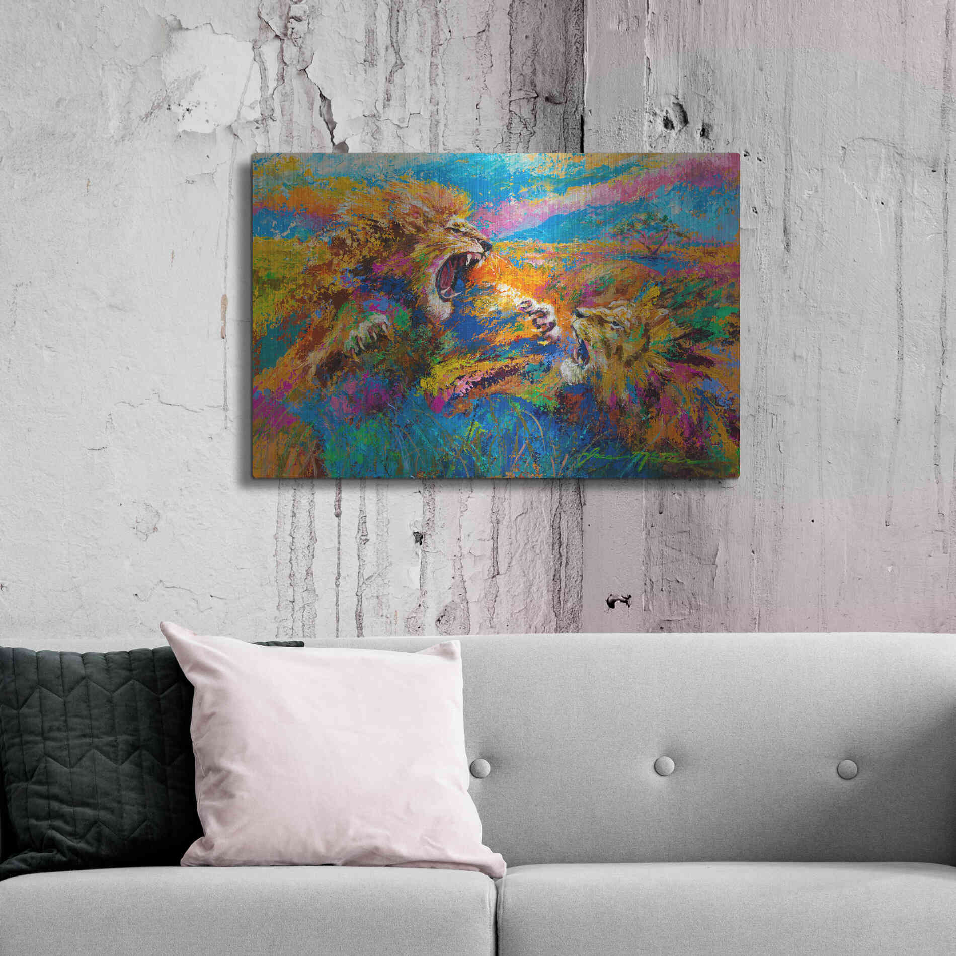 Luxe Metal Art 'Pride Fight in the Savanna African Lions' by Jace D McTier, Metal Wall Art,36x24