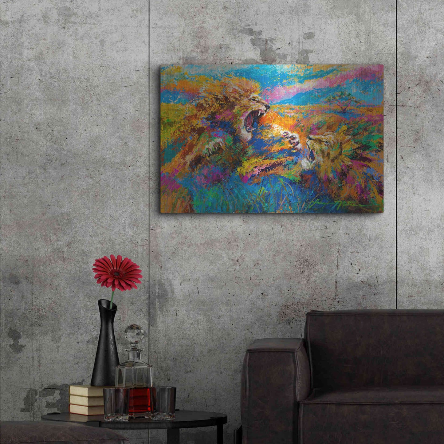 Luxe Metal Art 'Pride Fight in the Savanna African Lions' by Jace D McTier, Metal Wall Art,36x24