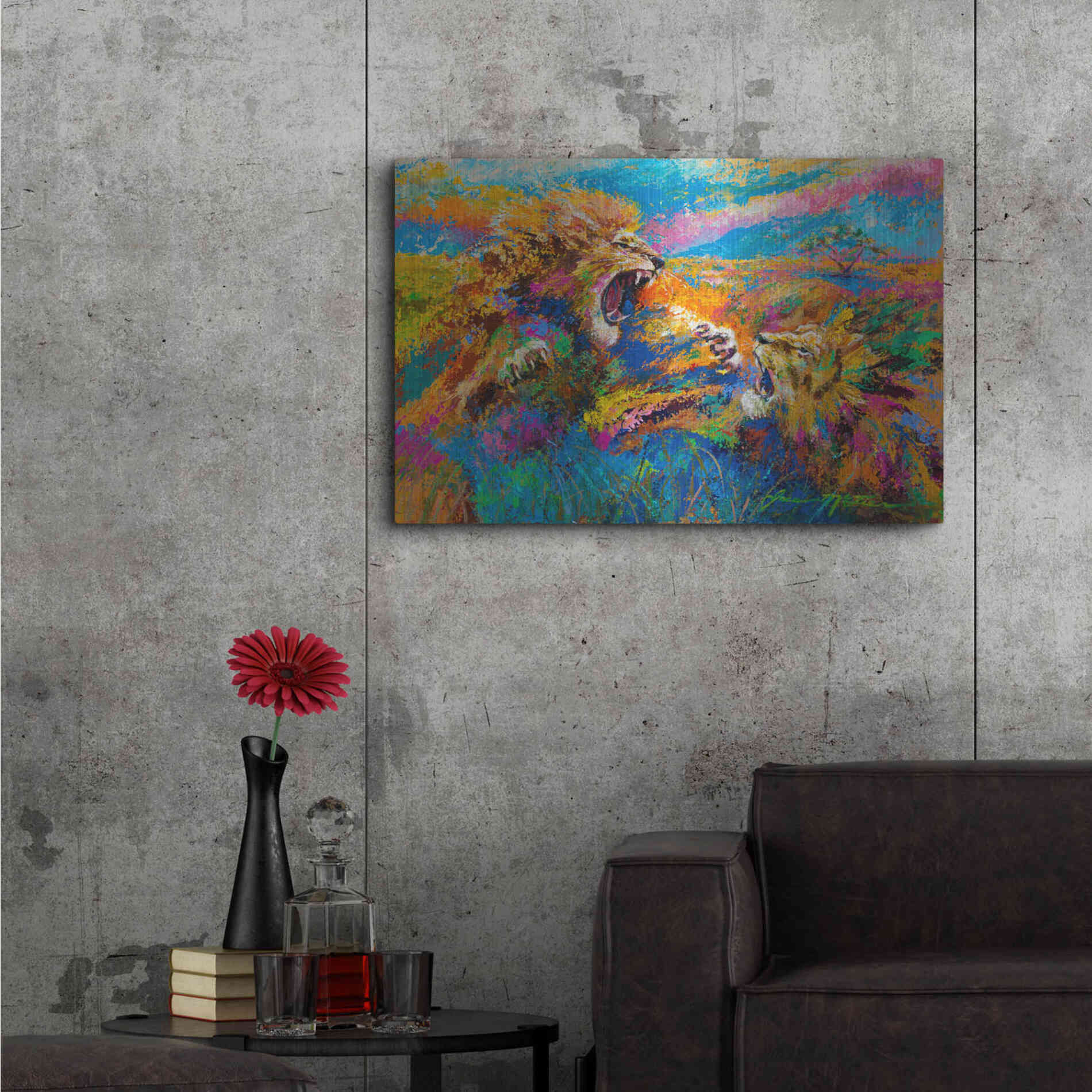 Luxe Metal Art 'Pride Fight in the Savanna African Lions' by Jace D McTier, Metal Wall Art,36x24