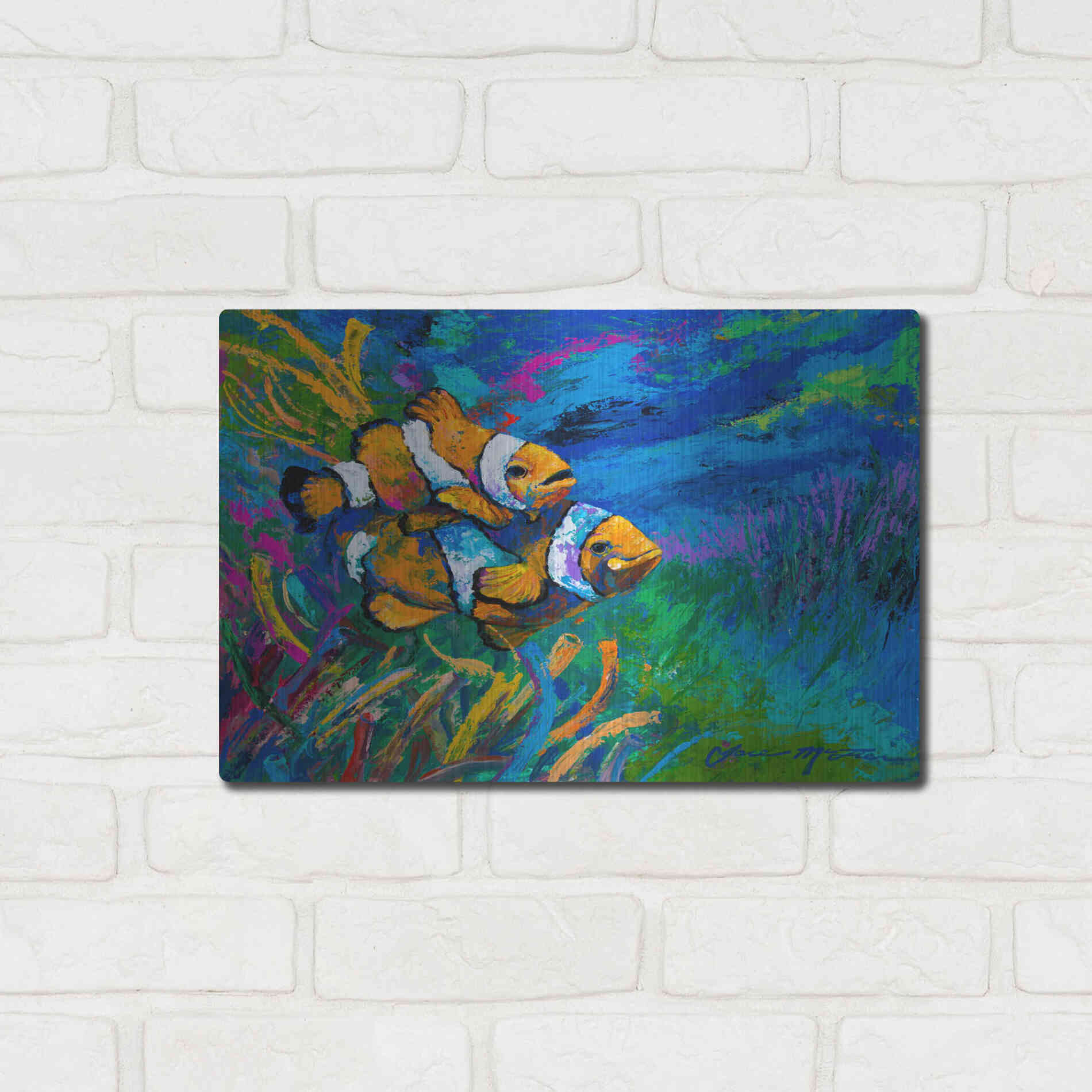Luxe Metal Art 'The First Date Smiling Clownfish' by Jace D McTier, Metal Wall Art,16x12