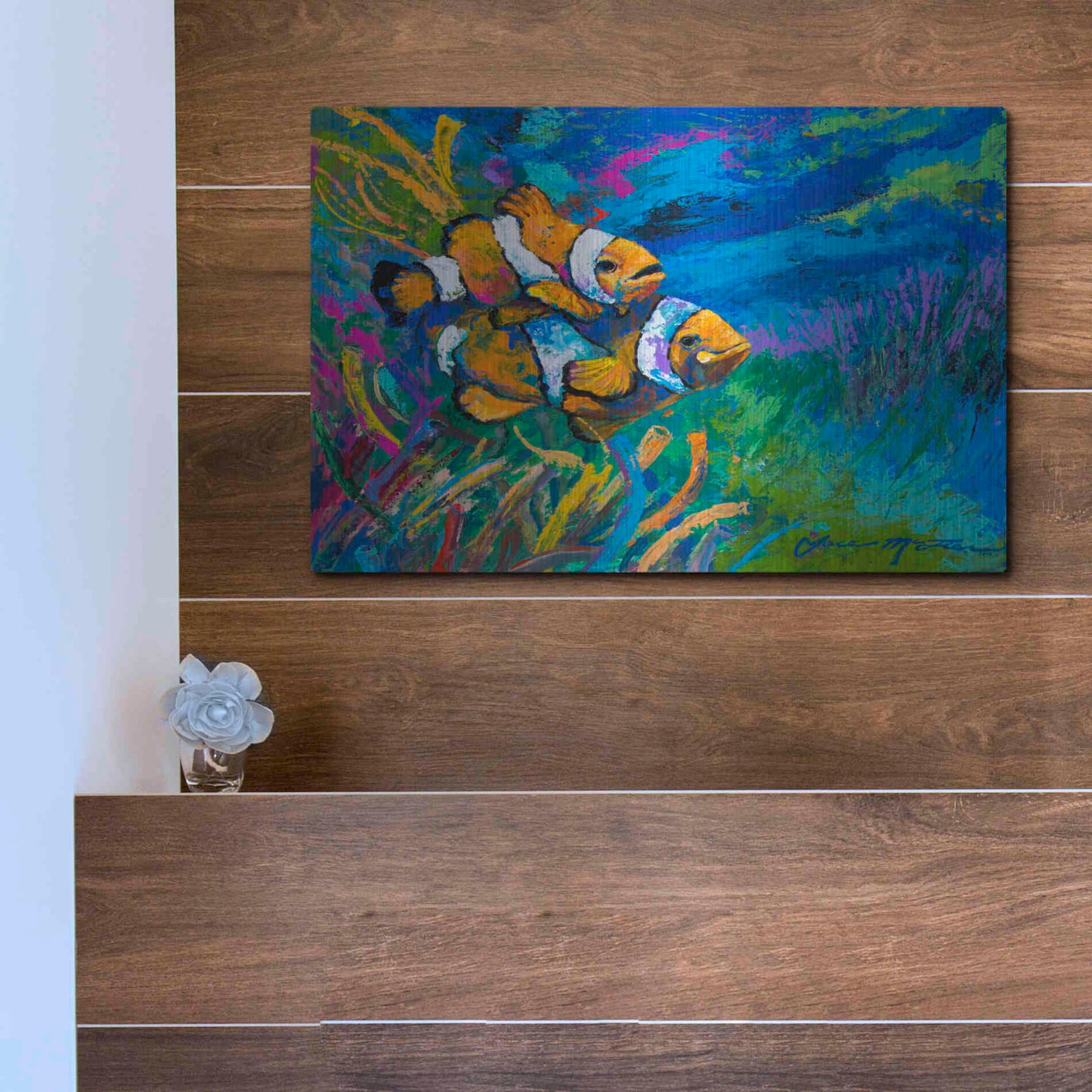 Luxe Metal Art 'The First Date Smiling Clownfish' by Jace D McTier, Metal Wall Art,16x12