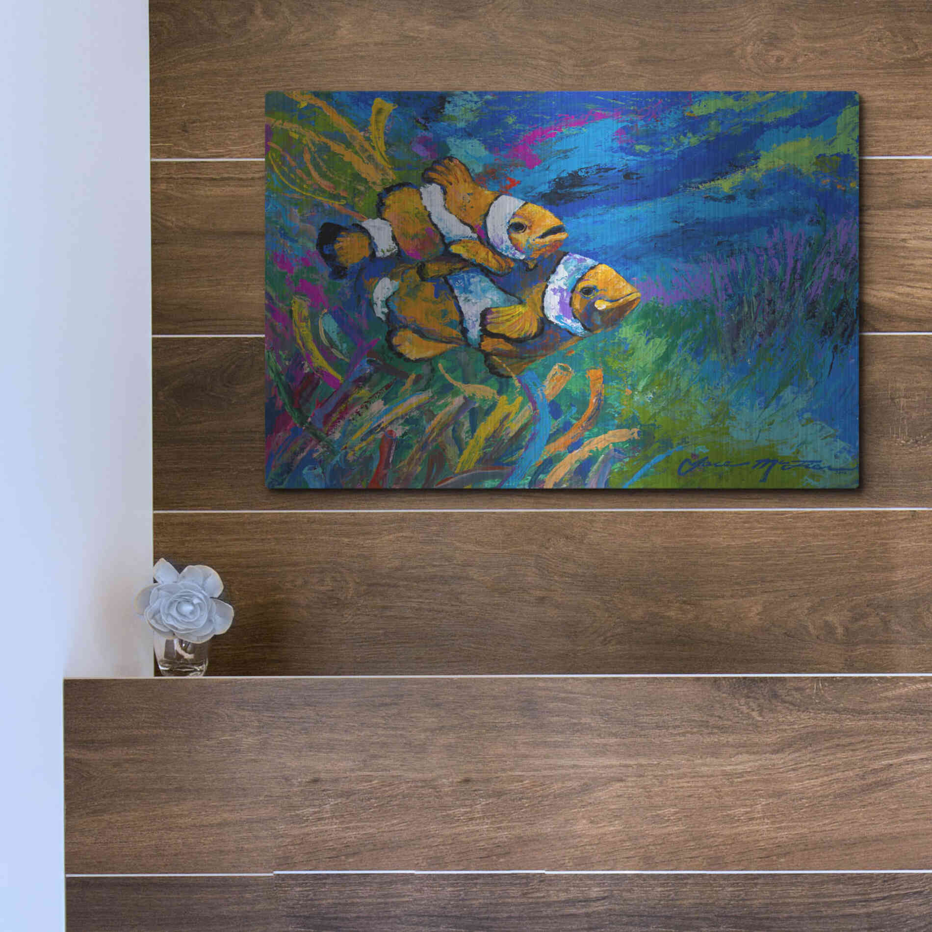 Luxe Metal Art 'The First Date Smiling Clownfish' by Jace D McTier, Metal Wall Art,16x12