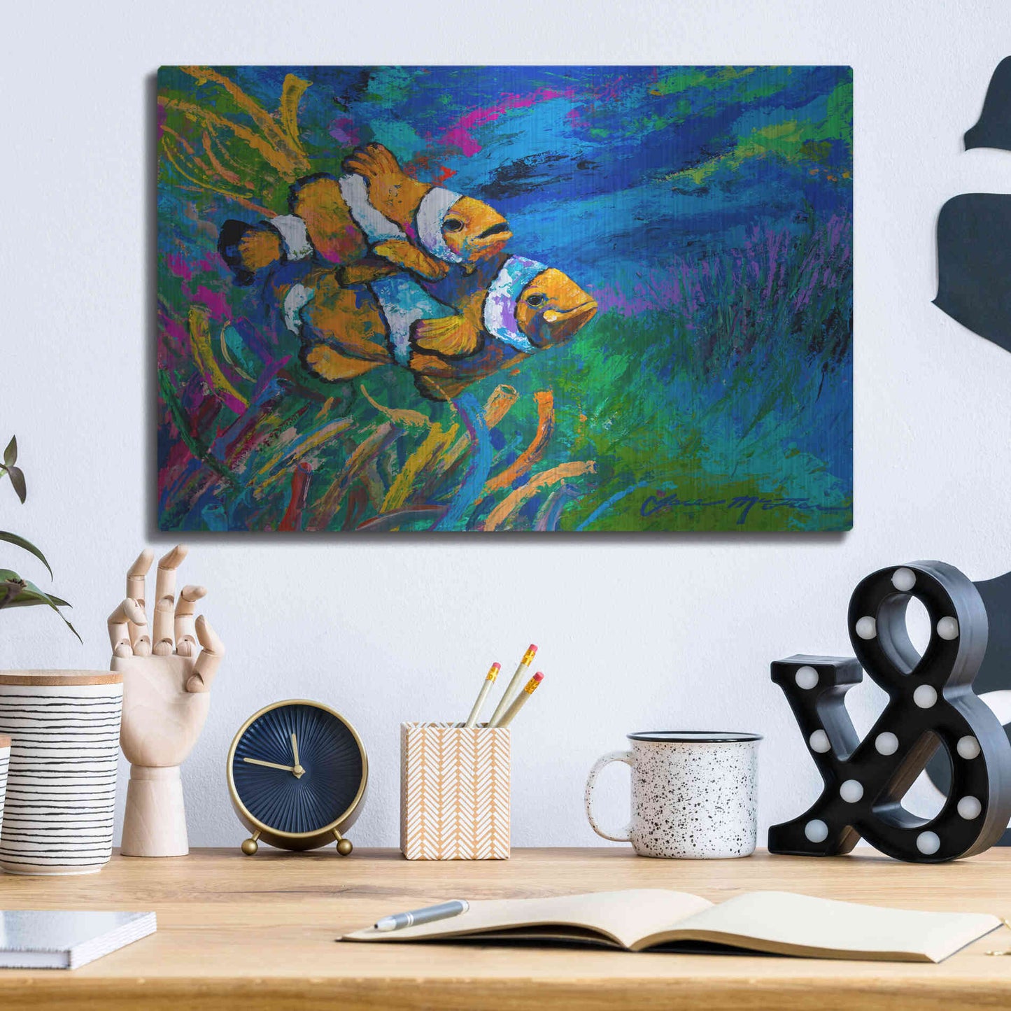 Luxe Metal Art 'The First Date Smiling Clownfish' by Jace D McTier, Metal Wall Art,16x12