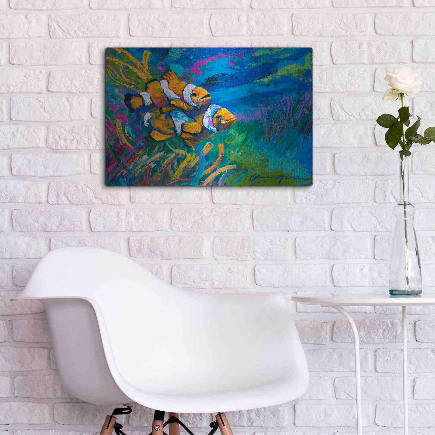 Luxe Metal Art 'The First Date Smiling Clownfish' by Jace D McTier, Metal Wall Art,24x16
