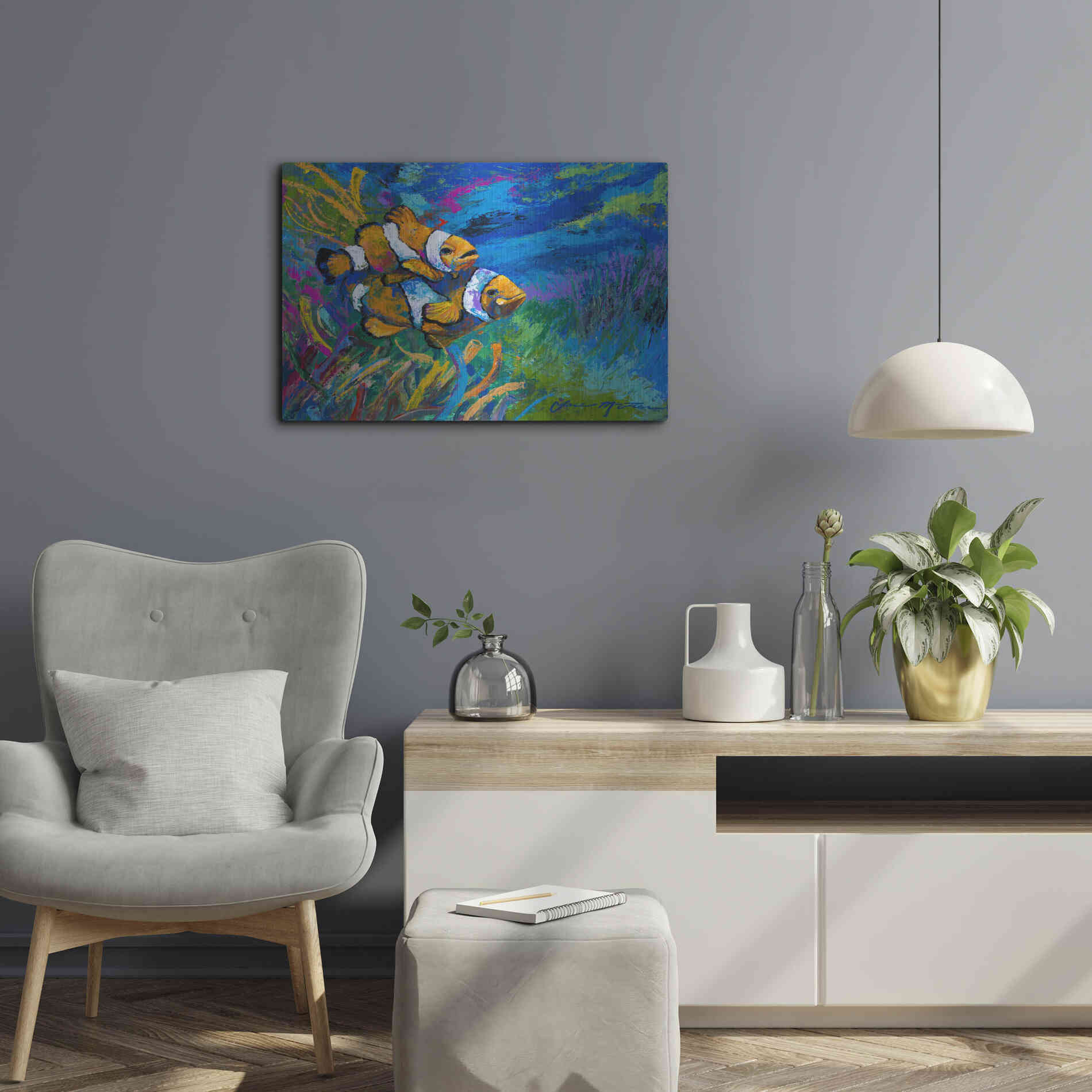 Luxe Metal Art 'The First Date Smiling Clownfish' by Jace D McTier, Metal Wall Art,24x16