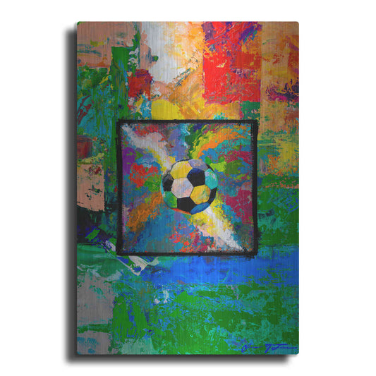 Luxe Metal Art 'Window into the Soccer Universe Red and Green' by Jace D McTier, Metal Wall Art