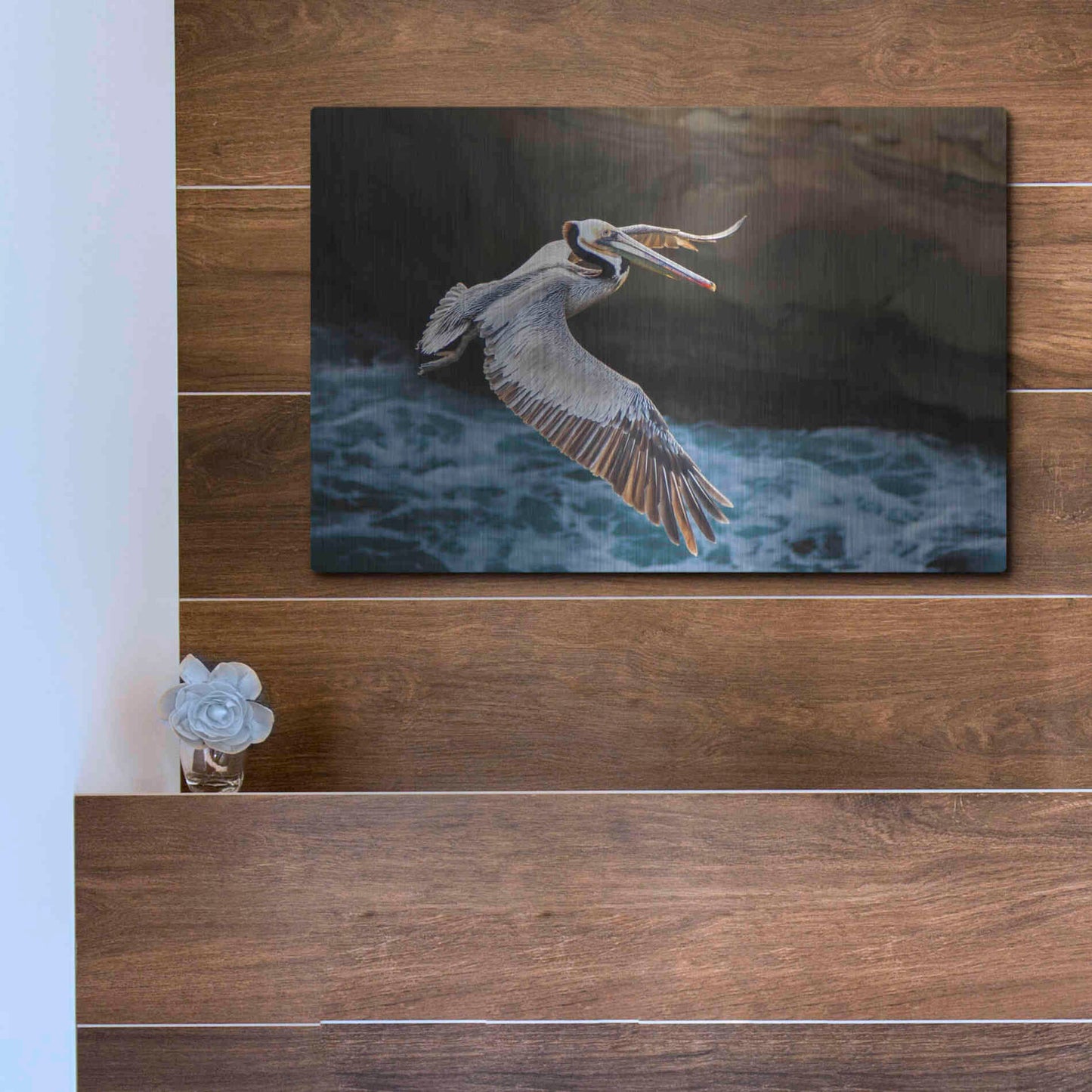 Luxe Metal Art 'Pelican Flight' by Chris Moyer, Metal Wall Art,16x12