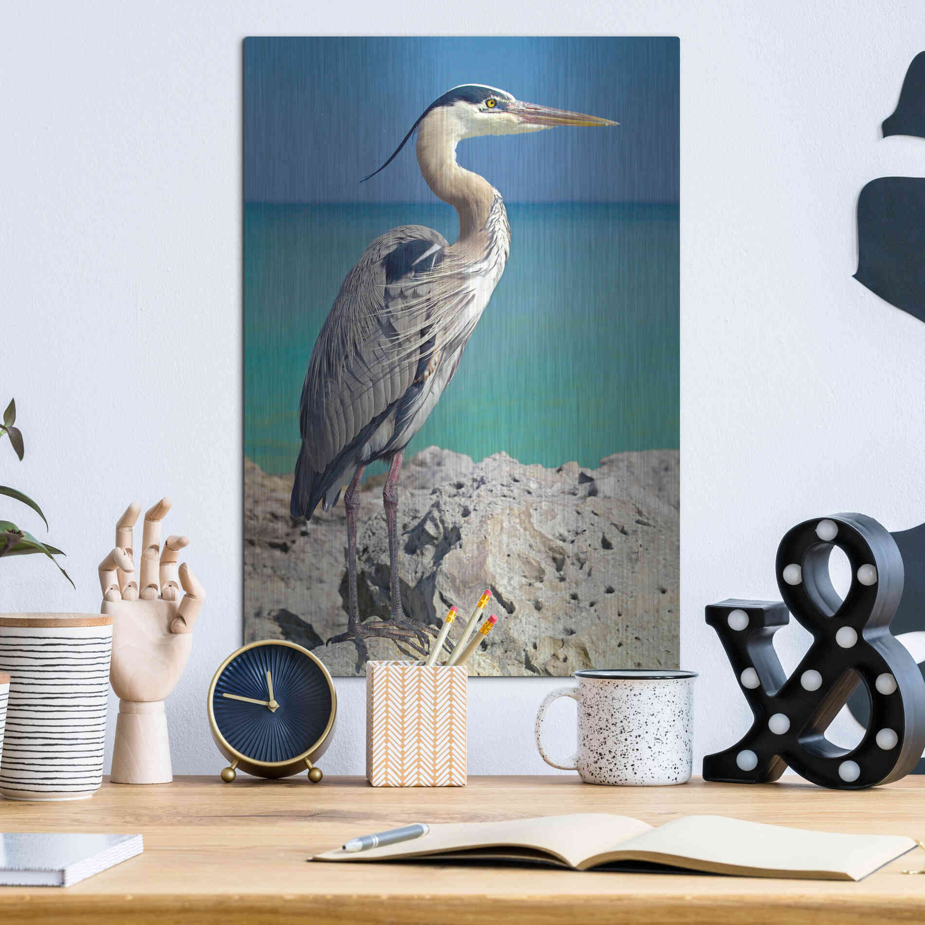 Luxe Metal Art 'Blue Heron' by Mike Jones, Metal Wall Art,12x16