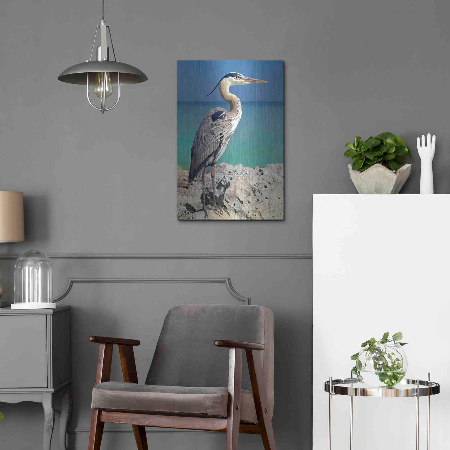 Luxe Metal Art 'Blue Heron' by Mike Jones, Metal Wall Art,16x24