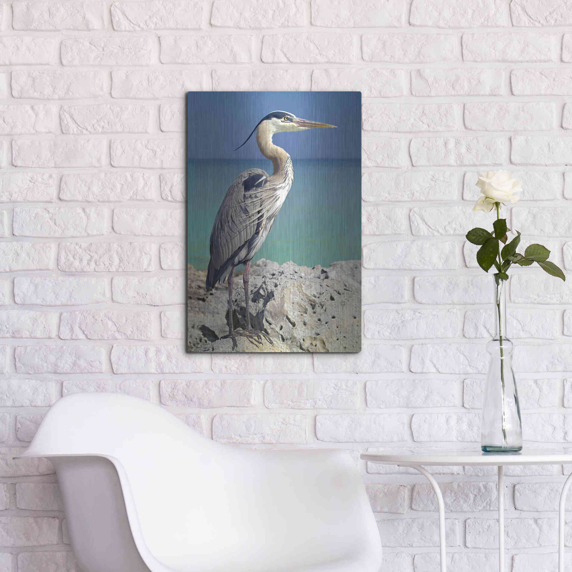 Luxe Metal Art 'Blue Heron' by Mike Jones, Metal Wall Art,16x24