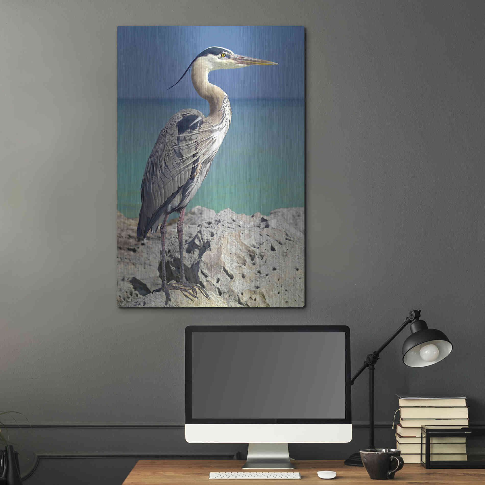 Luxe Metal Art 'Blue Heron' by Mike Jones, Metal Wall Art,24x36