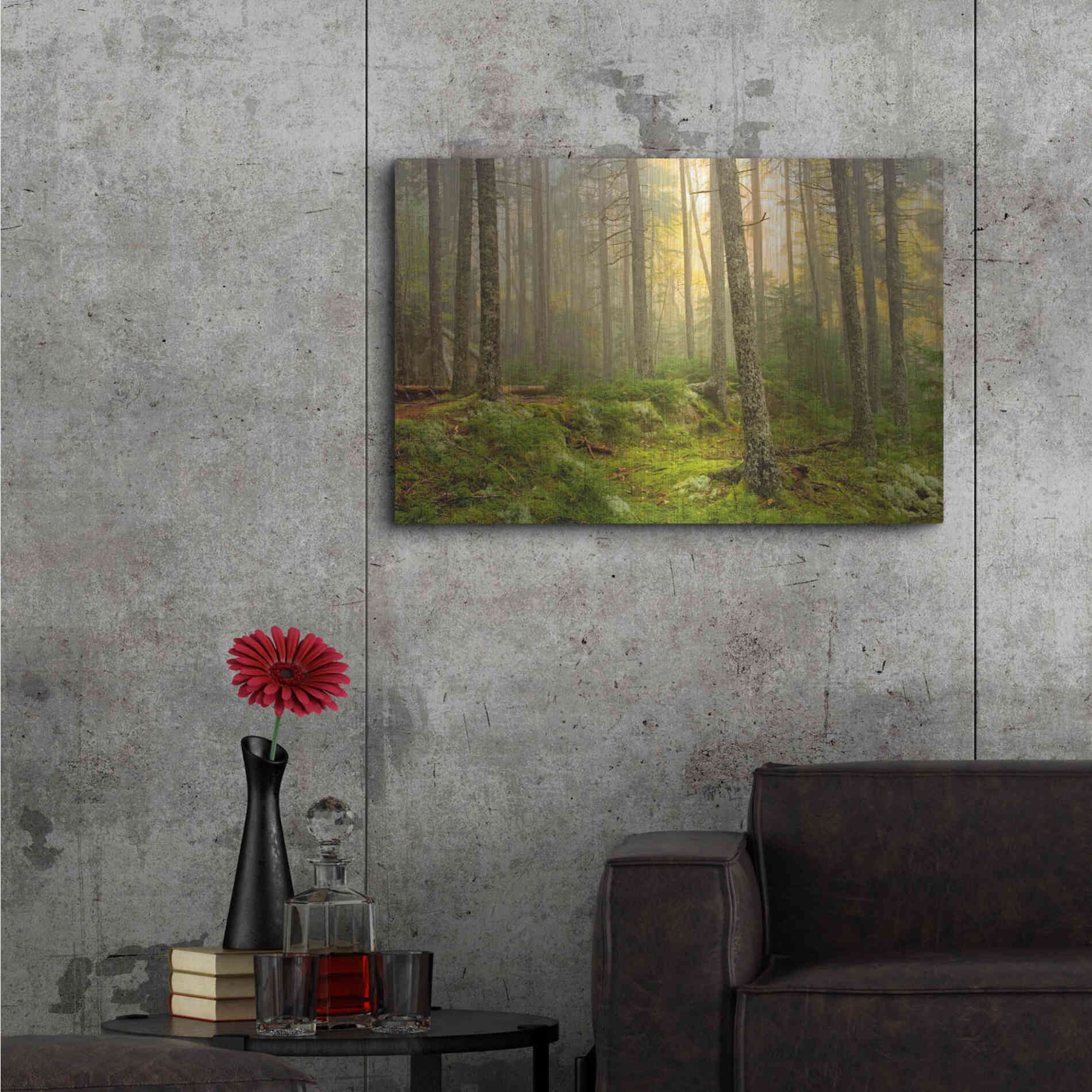 Luxe Metal Art 'Foggy Fire Woods' by Mike Jones, Metal Wall Art,36x24