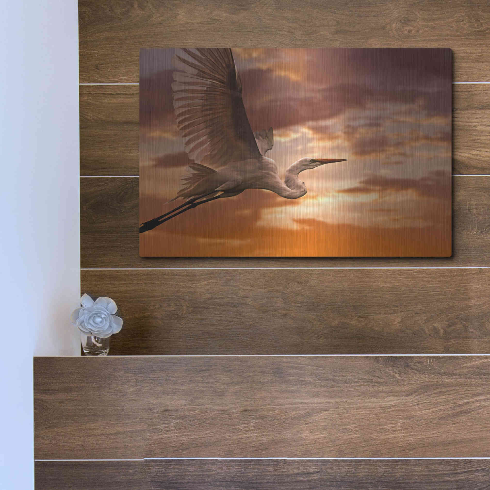 Luxe Metal Art 'Heron Sunset' by Mike Jones, Metal Wall Art,16x12