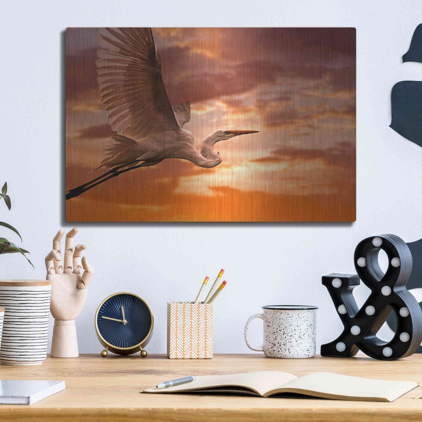 Luxe Metal Art 'Heron Sunset' by Mike Jones, Metal Wall Art,16x12