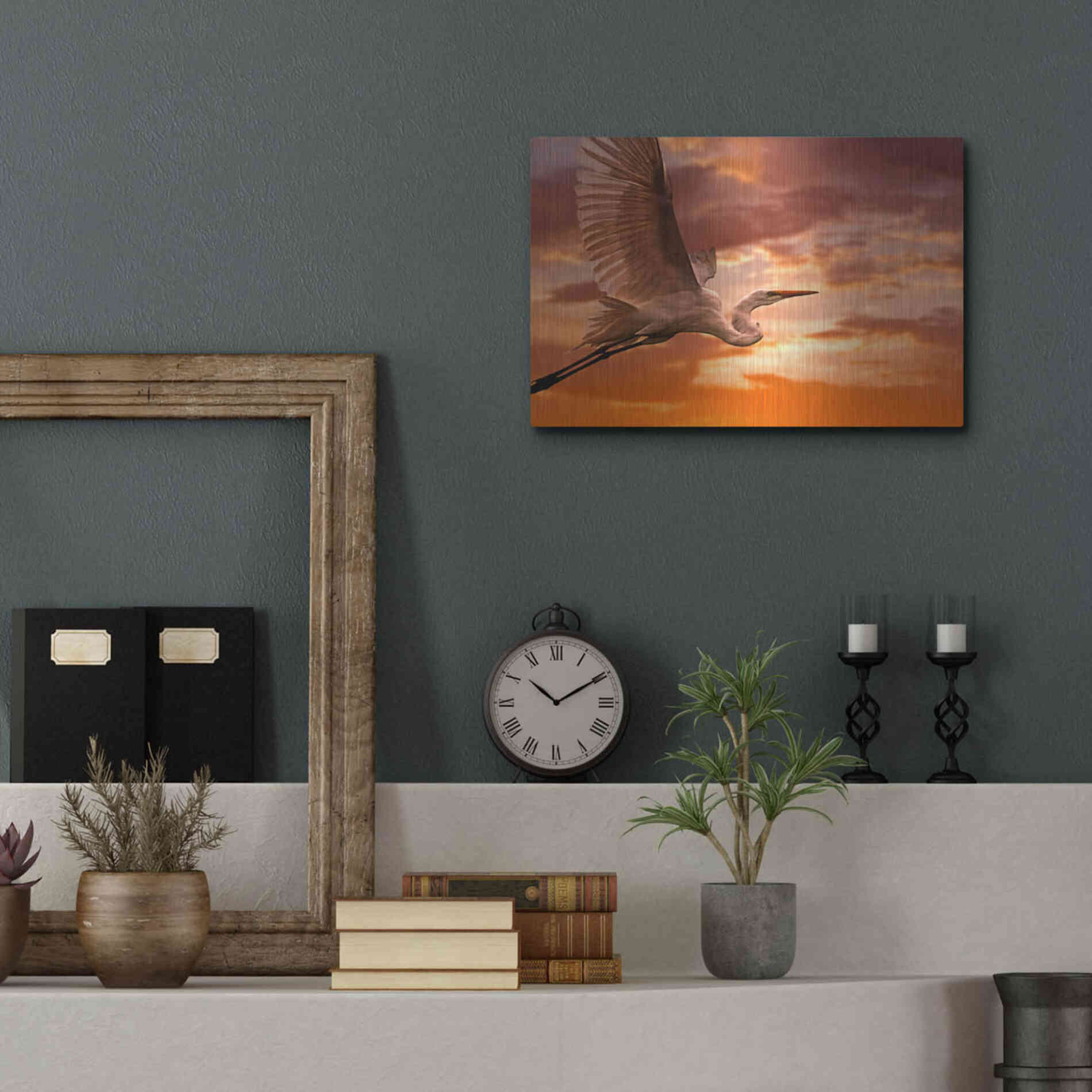 Luxe Metal Art 'Heron Sunset' by Mike Jones, Metal Wall Art,16x12