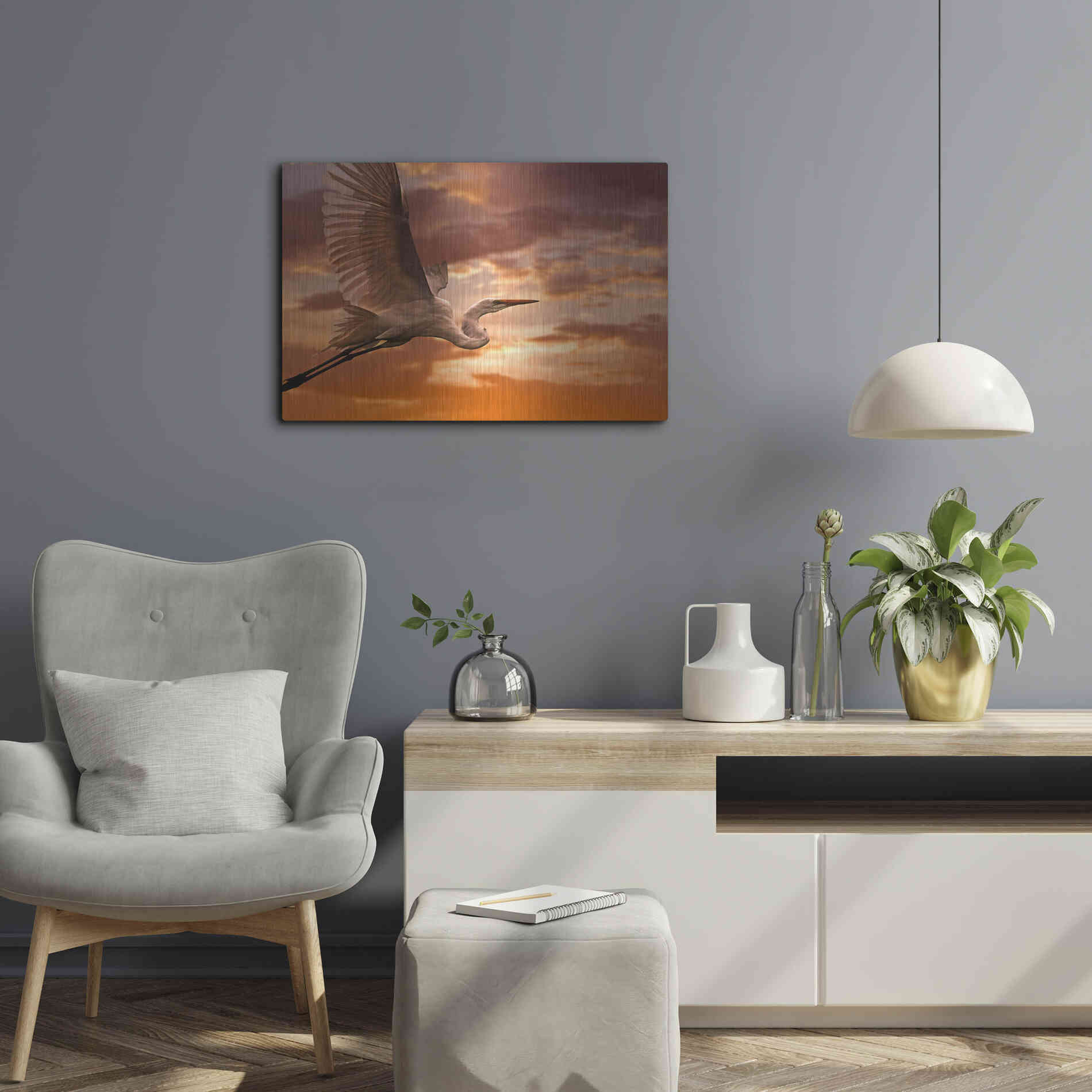 Luxe Metal Art 'Heron Sunset' by Mike Jones, Metal Wall Art,24x16