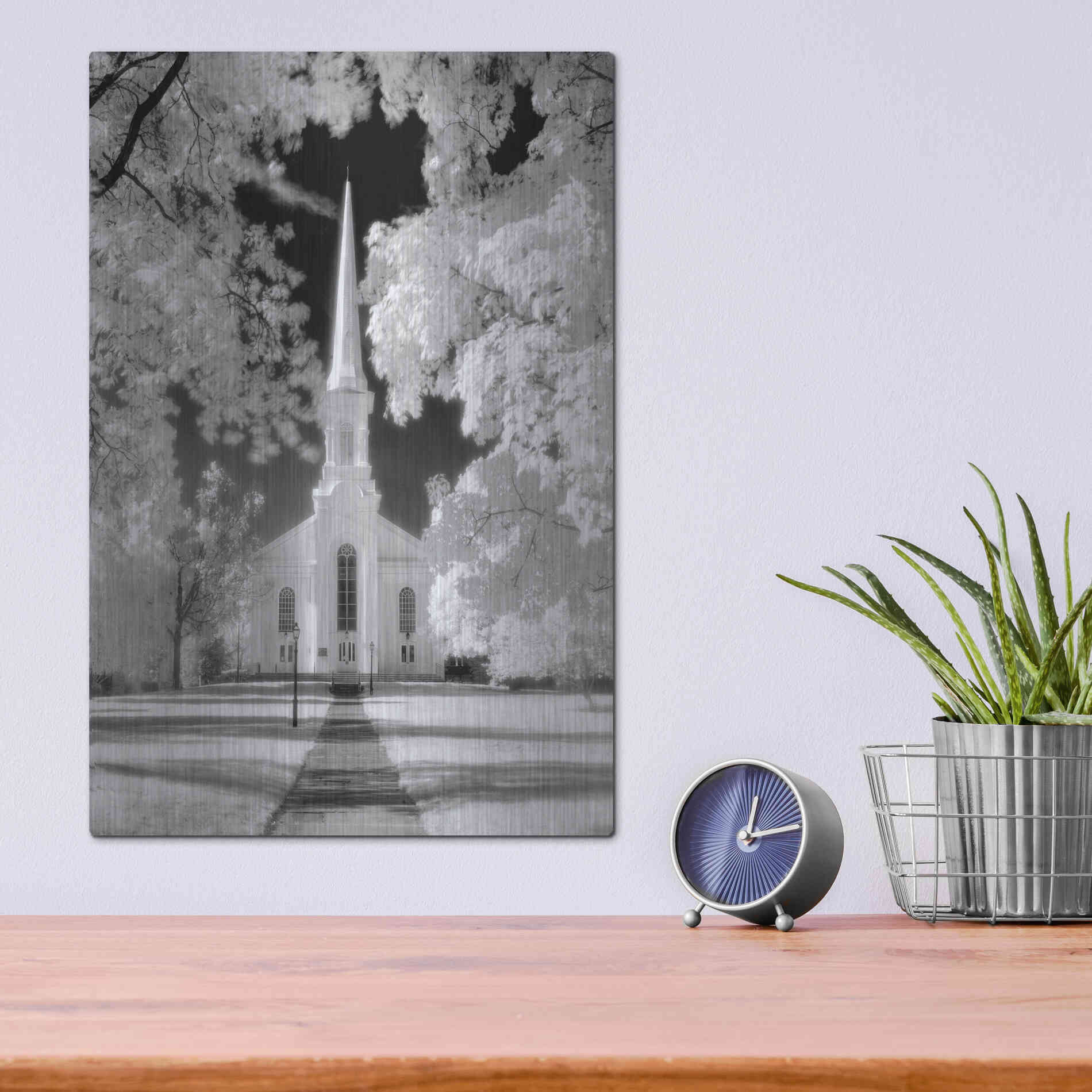 Luxe Metal Art 'Westfield Church Infrared' by Mike Jones, Metal Wall Art,12x16