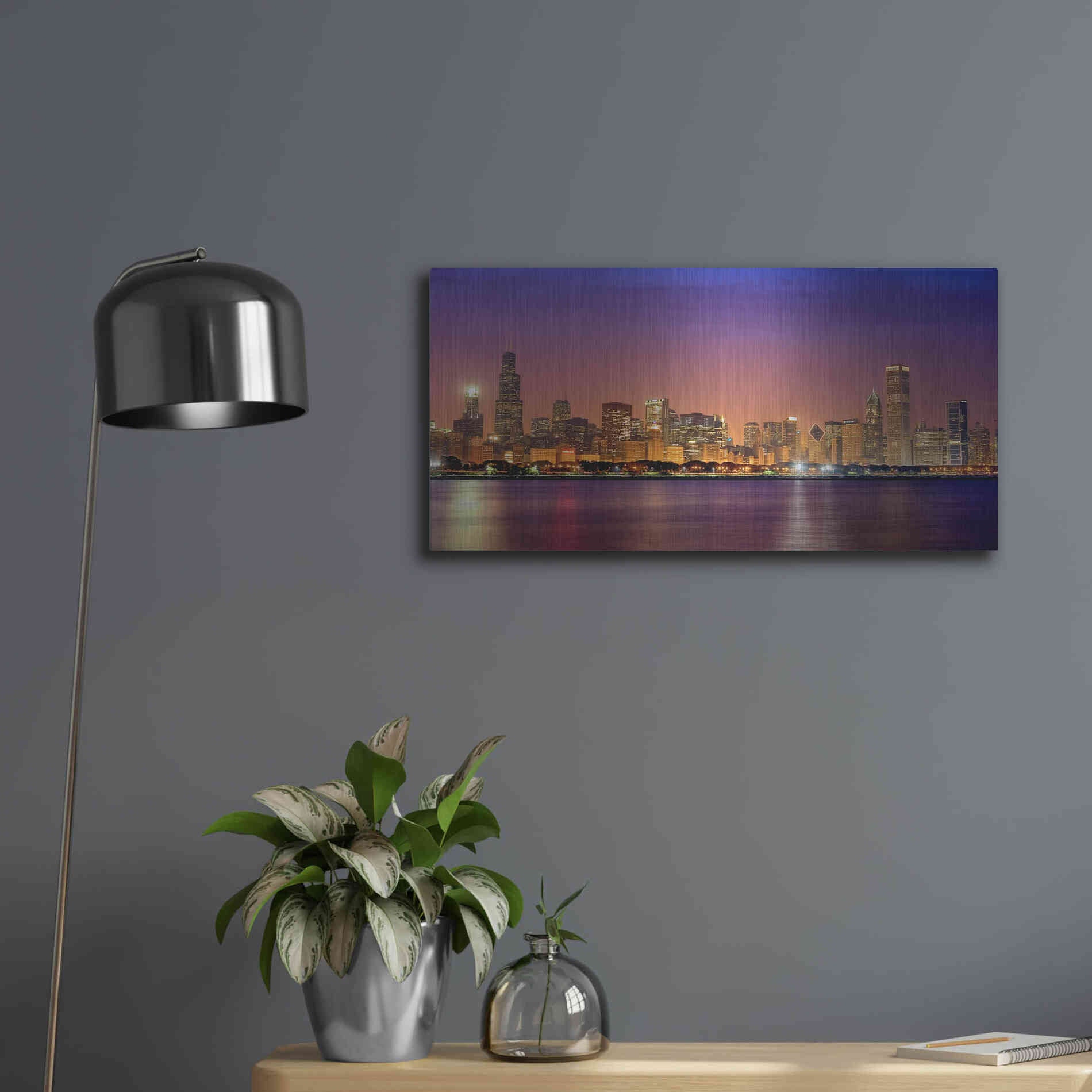 Luxe Metal Art 'Chicago Dusk full skyline' by Mike Jones, Metal Wall Art,24x12