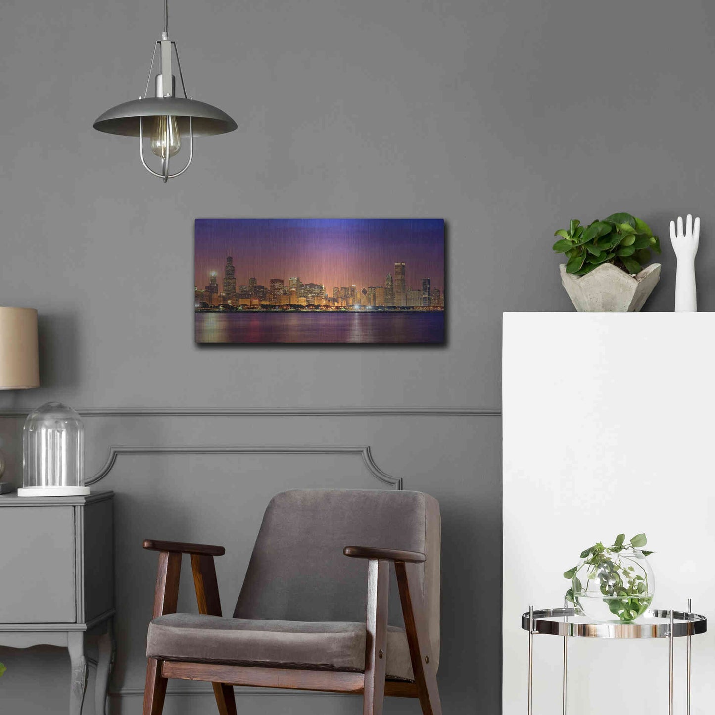 Luxe Metal Art 'Chicago Dusk full skyline' by Mike Jones, Metal Wall Art,24x12