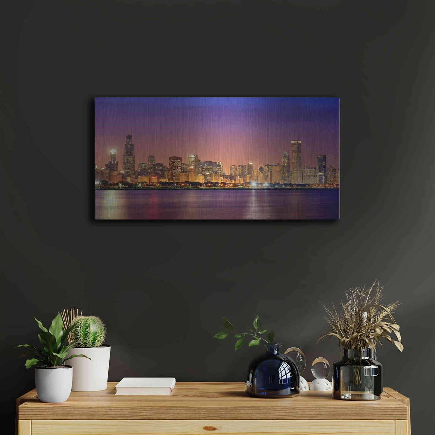 Luxe Metal Art 'Chicago Dusk full skyline' by Mike Jones, Metal Wall Art,24x12