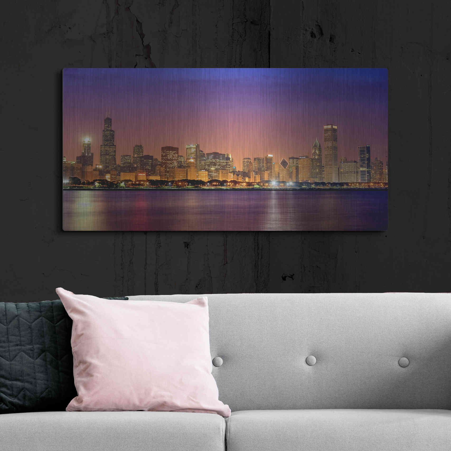 Luxe Metal Art 'Chicago Dusk full skyline' by Mike Jones, Metal Wall Art,48x24