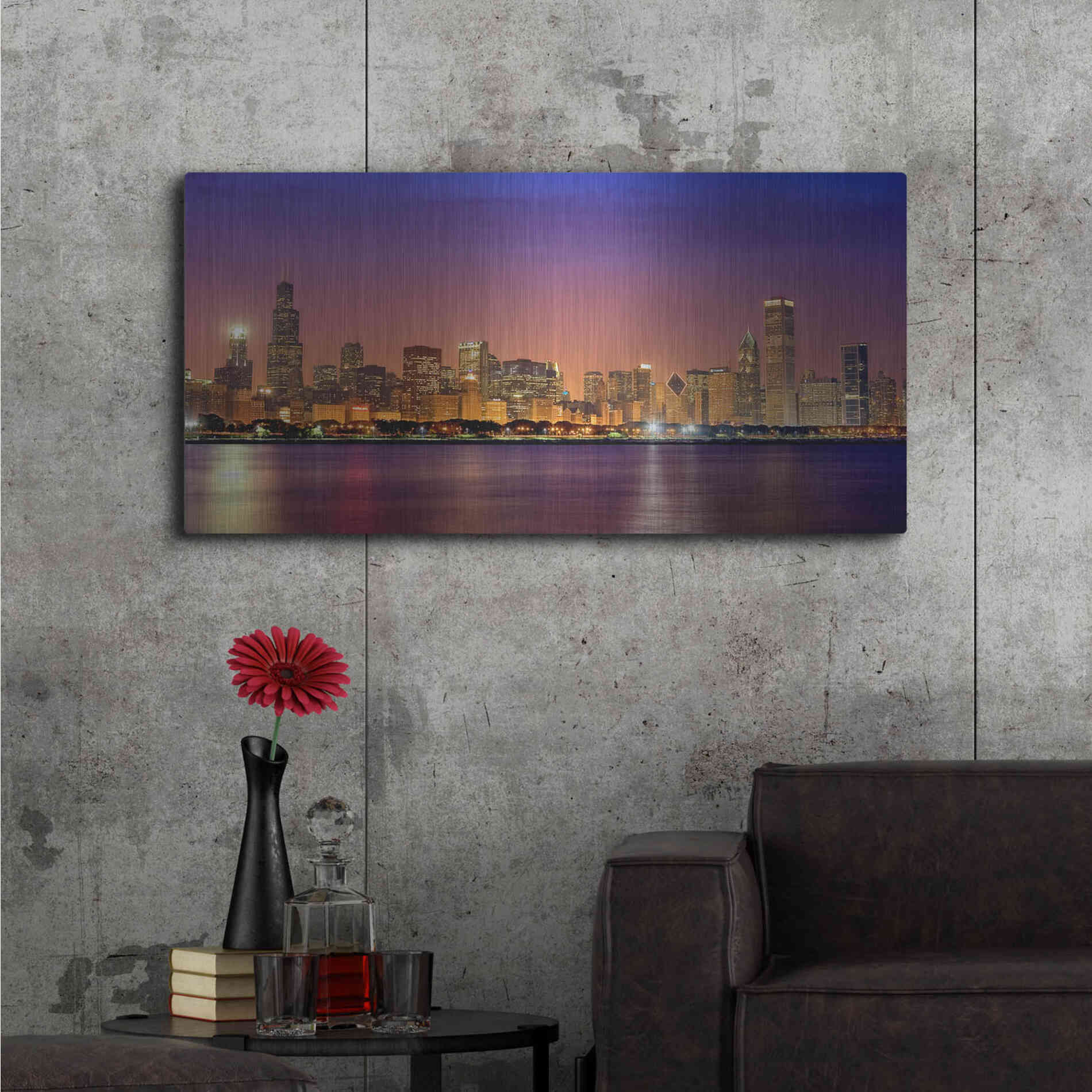 Luxe Metal Art 'Chicago Dusk full skyline' by Mike Jones, Metal Wall Art,48x24