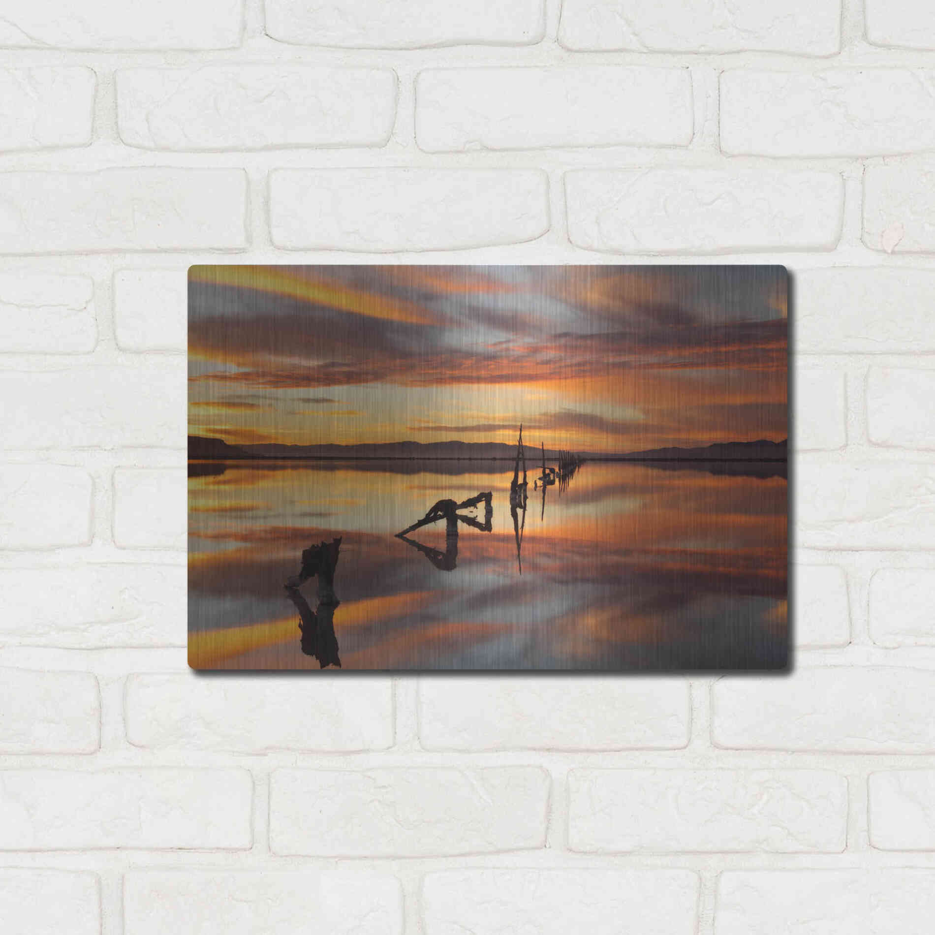 Luxe Metal Art 'Great Salt Lake Pilings Sunset' by Mike Jones, Metal Wall Art,16x12