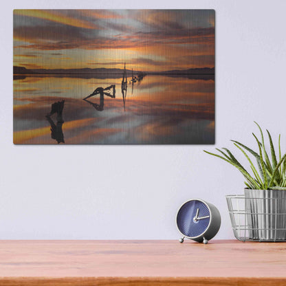Luxe Metal Art 'Great Salt Lake Pilings Sunset' by Mike Jones, Metal Wall Art,16x12
