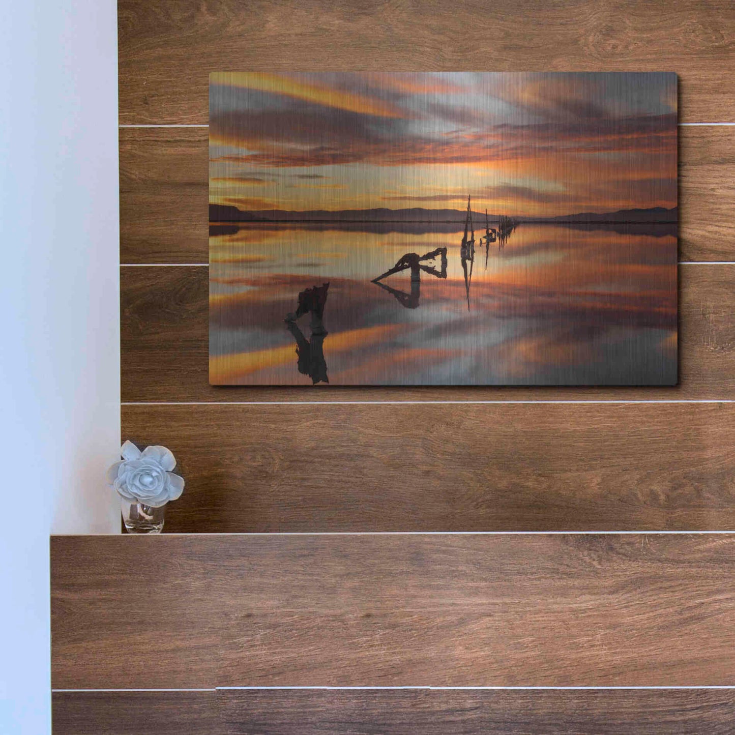 Luxe Metal Art 'Great Salt Lake Pilings Sunset' by Mike Jones, Metal Wall Art,16x12