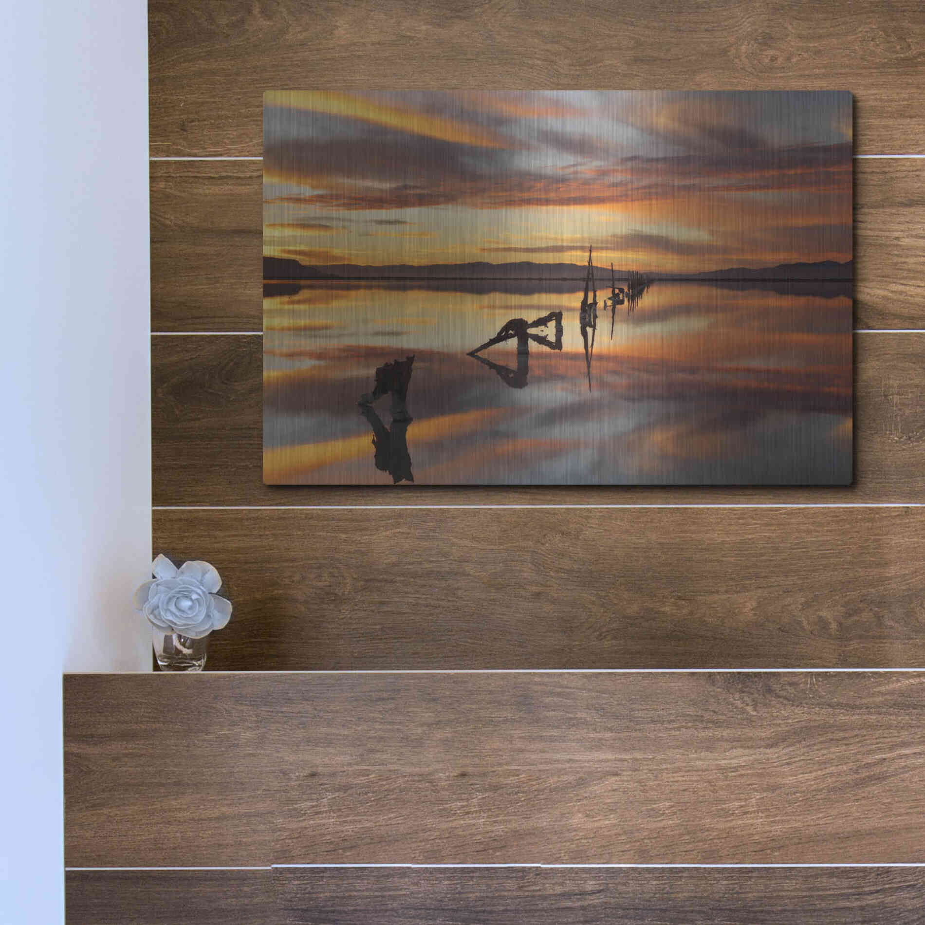 Luxe Metal Art 'Great Salt Lake Pilings Sunset' by Mike Jones, Metal Wall Art,16x12