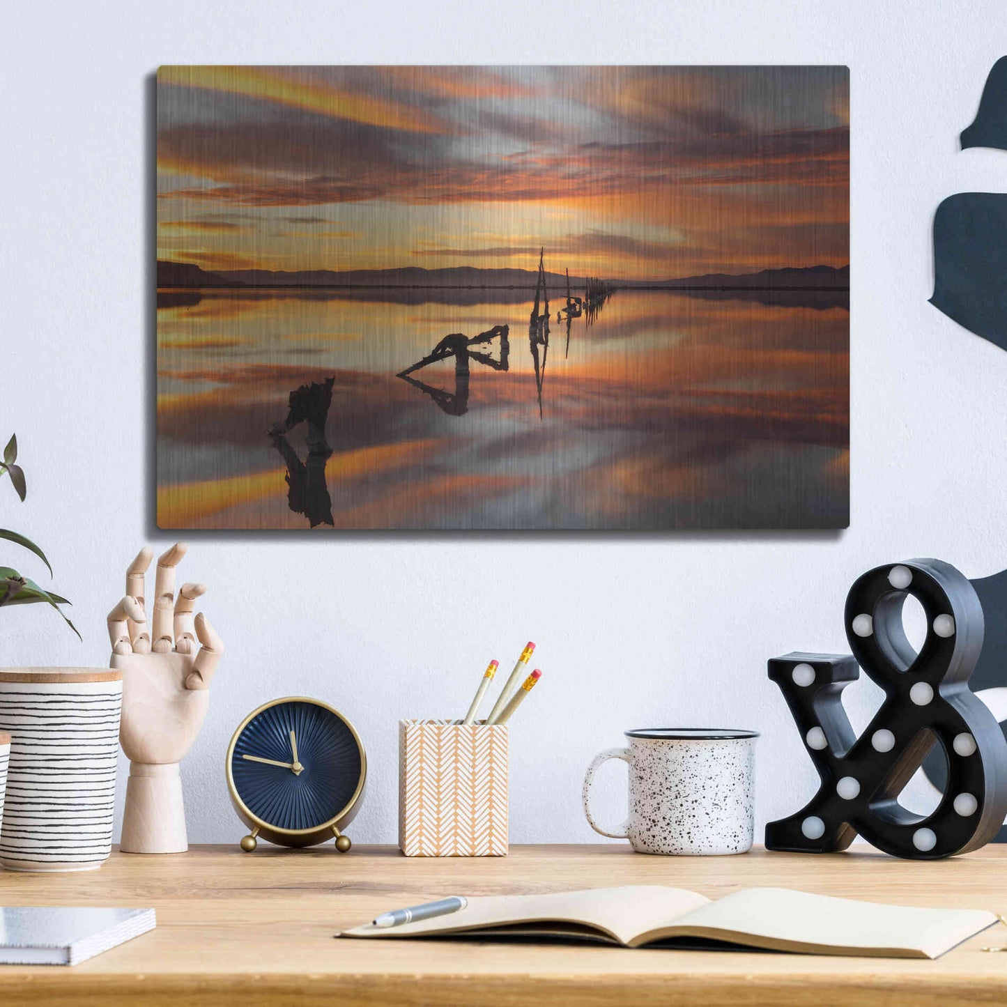 Luxe Metal Art 'Great Salt Lake Pilings Sunset' by Mike Jones, Metal Wall Art,16x12