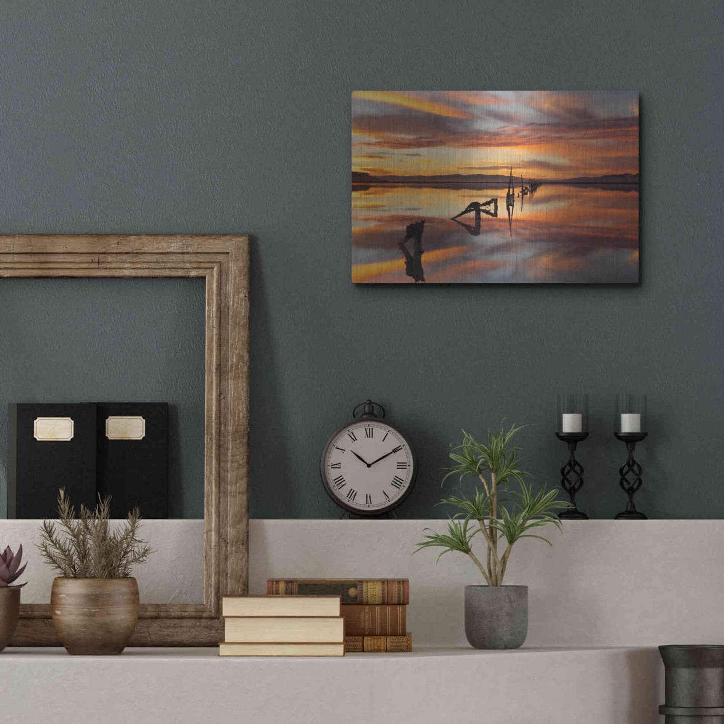 Luxe Metal Art 'Great Salt Lake Pilings Sunset' by Mike Jones, Metal Wall Art,16x12