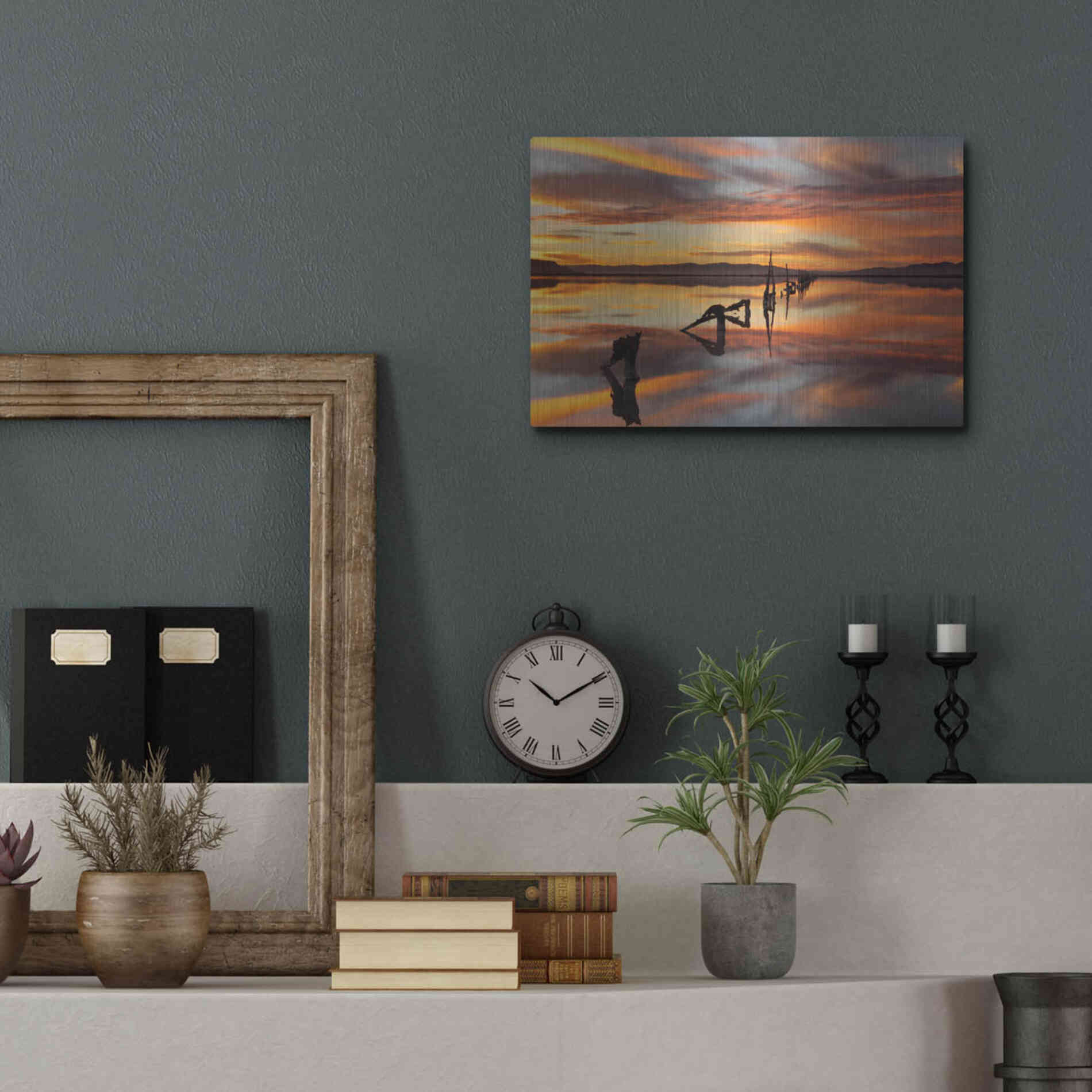 Luxe Metal Art 'Great Salt Lake Pilings Sunset' by Mike Jones, Metal Wall Art,16x12