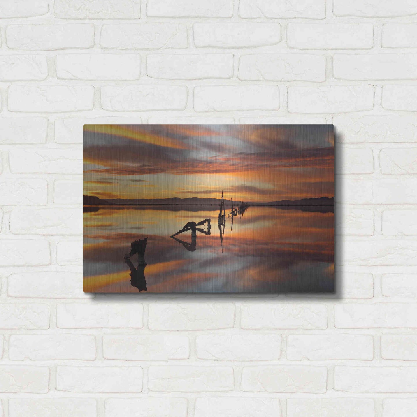 Luxe Metal Art 'Great Salt Lake Pilings Sunset' by Mike Jones, Metal Wall Art,24x16