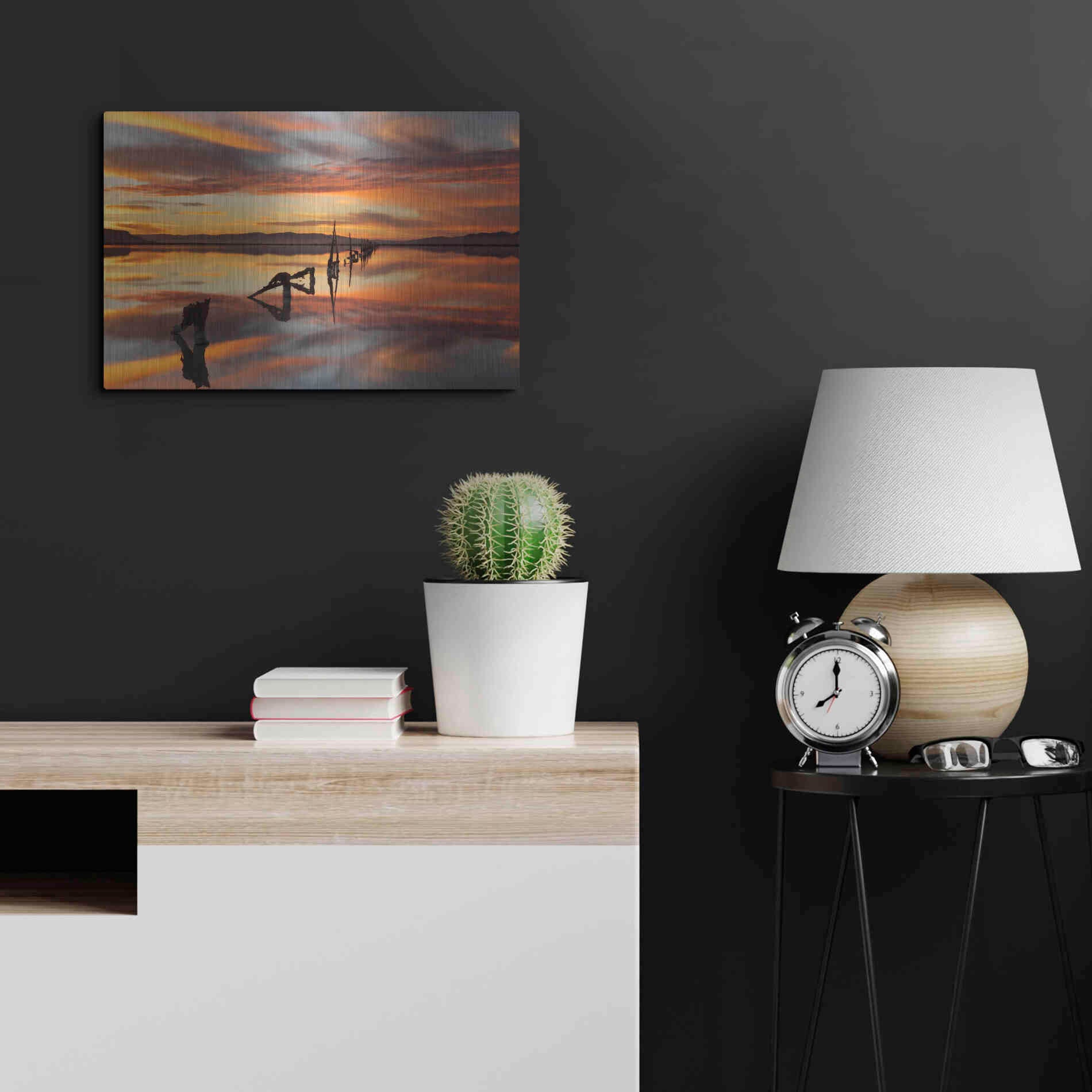 Luxe Metal Art 'Great Salt Lake Pilings Sunset' by Mike Jones, Metal Wall Art,24x16