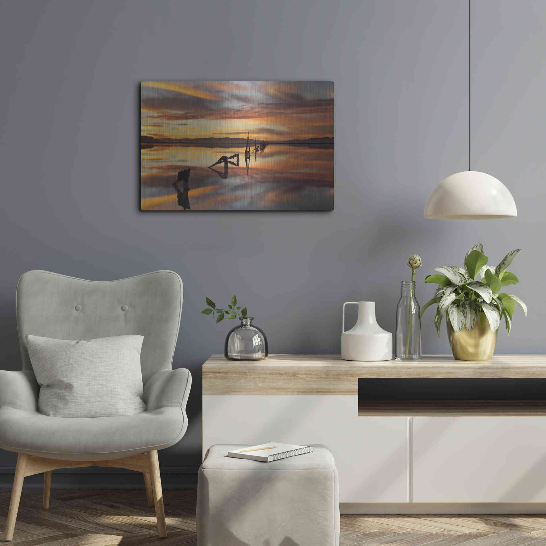 Luxe Metal Art 'Great Salt Lake Pilings Sunset' by Mike Jones, Metal Wall Art,24x16