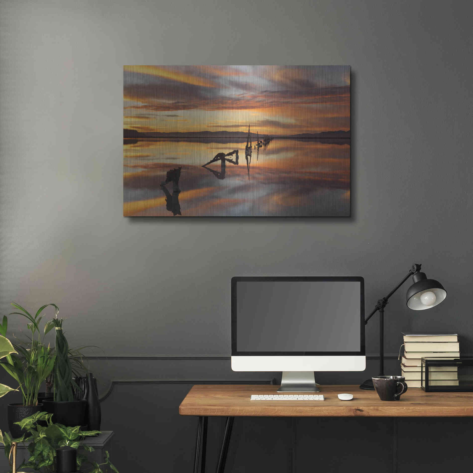 Luxe Metal Art 'Great Salt Lake Pilings Sunset' by Mike Jones, Metal Wall Art,36x24