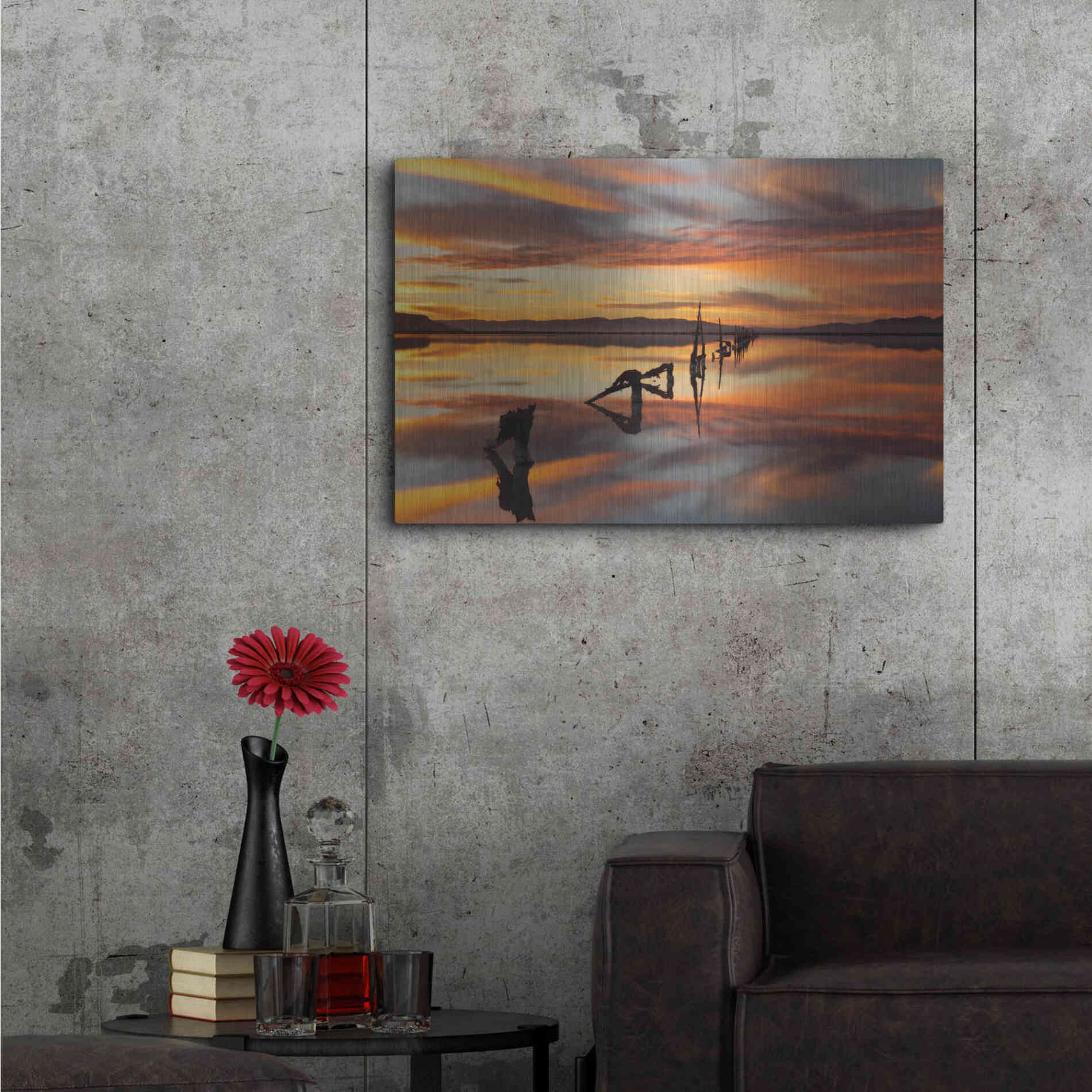 Luxe Metal Art 'Great Salt Lake Pilings Sunset' by Mike Jones, Metal Wall Art,36x24