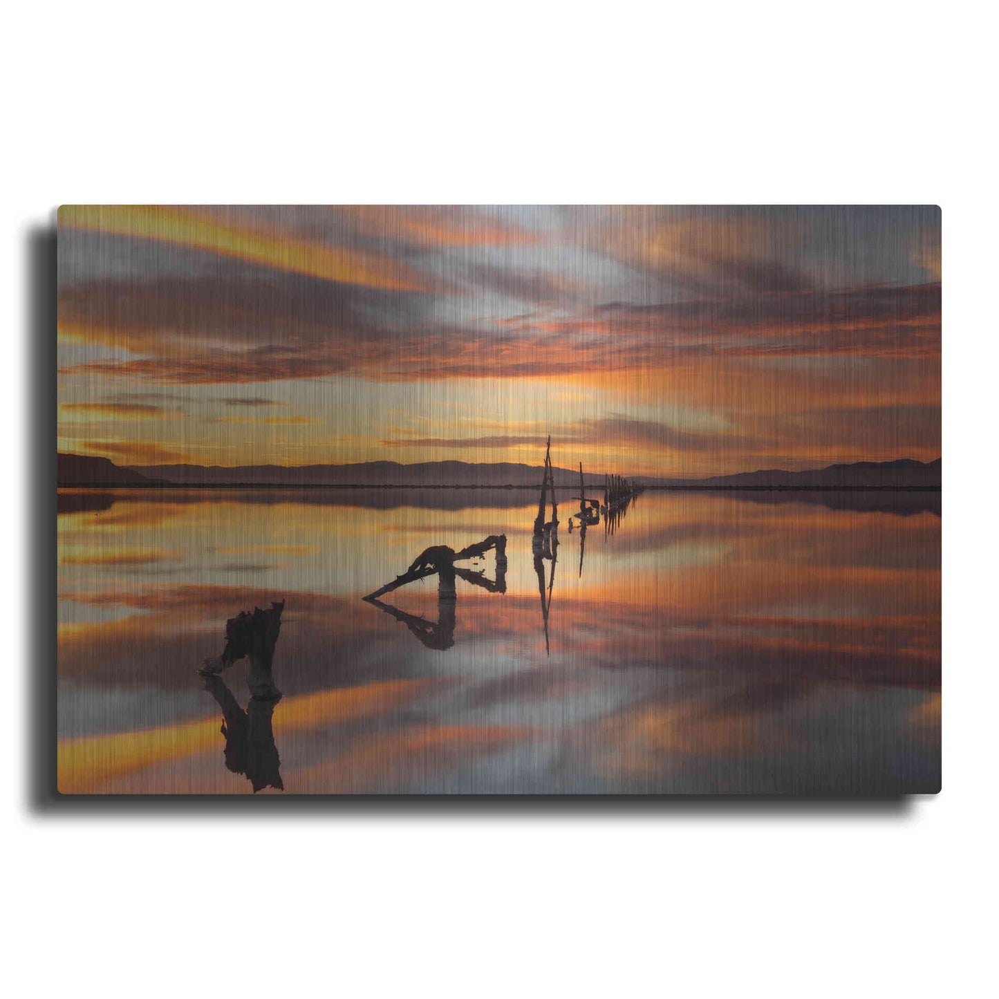 Luxe Metal Art 'Great Salt Lake Pilings Sunset' by Mike Jones, Metal Wall Art