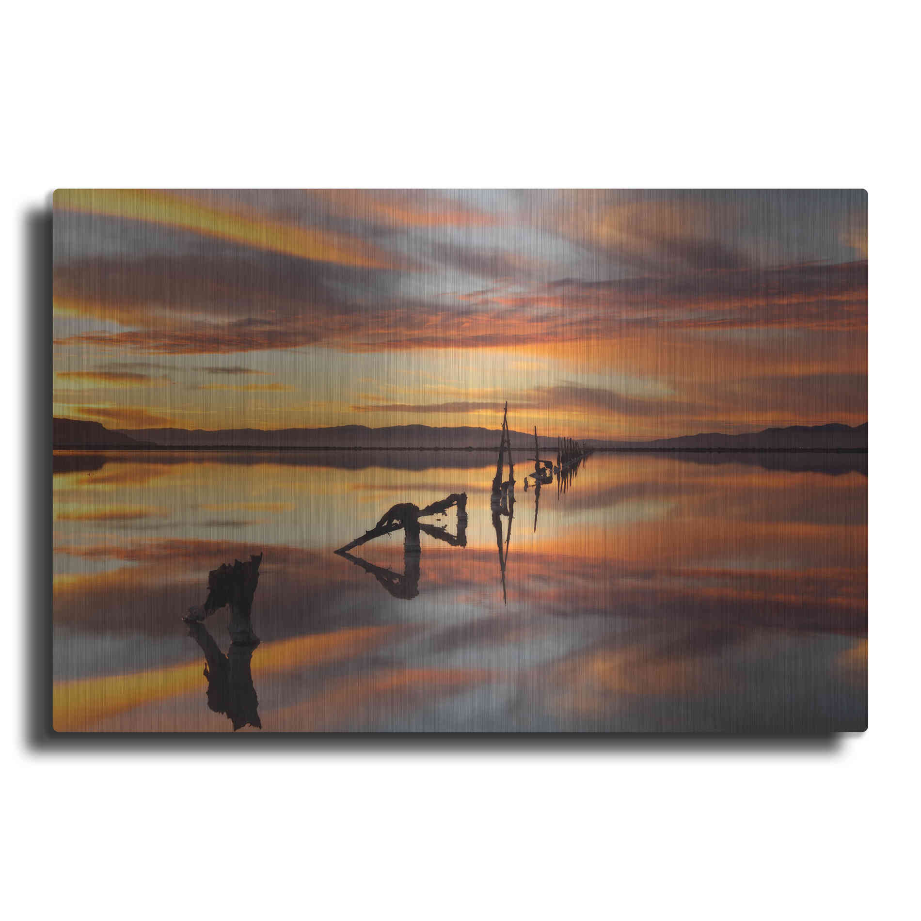 Luxe Metal Art 'Great Salt Lake Pilings Sunset' by Mike Jones, Metal Wall Art