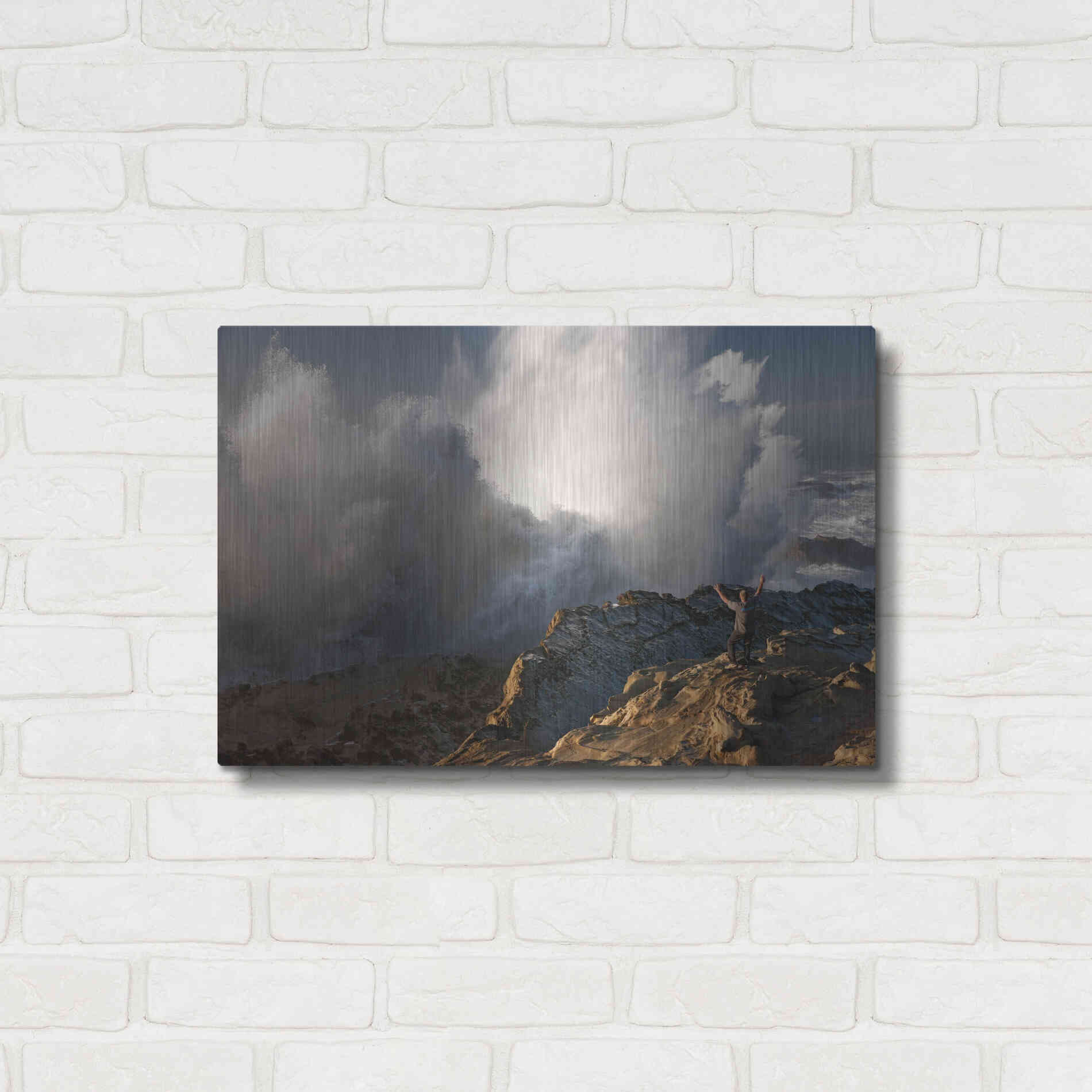 Luxe Metal Art 'Oregon Shore Acres Guy Huge Wave ' by Mike Jones, Metal Wall Art,24x16