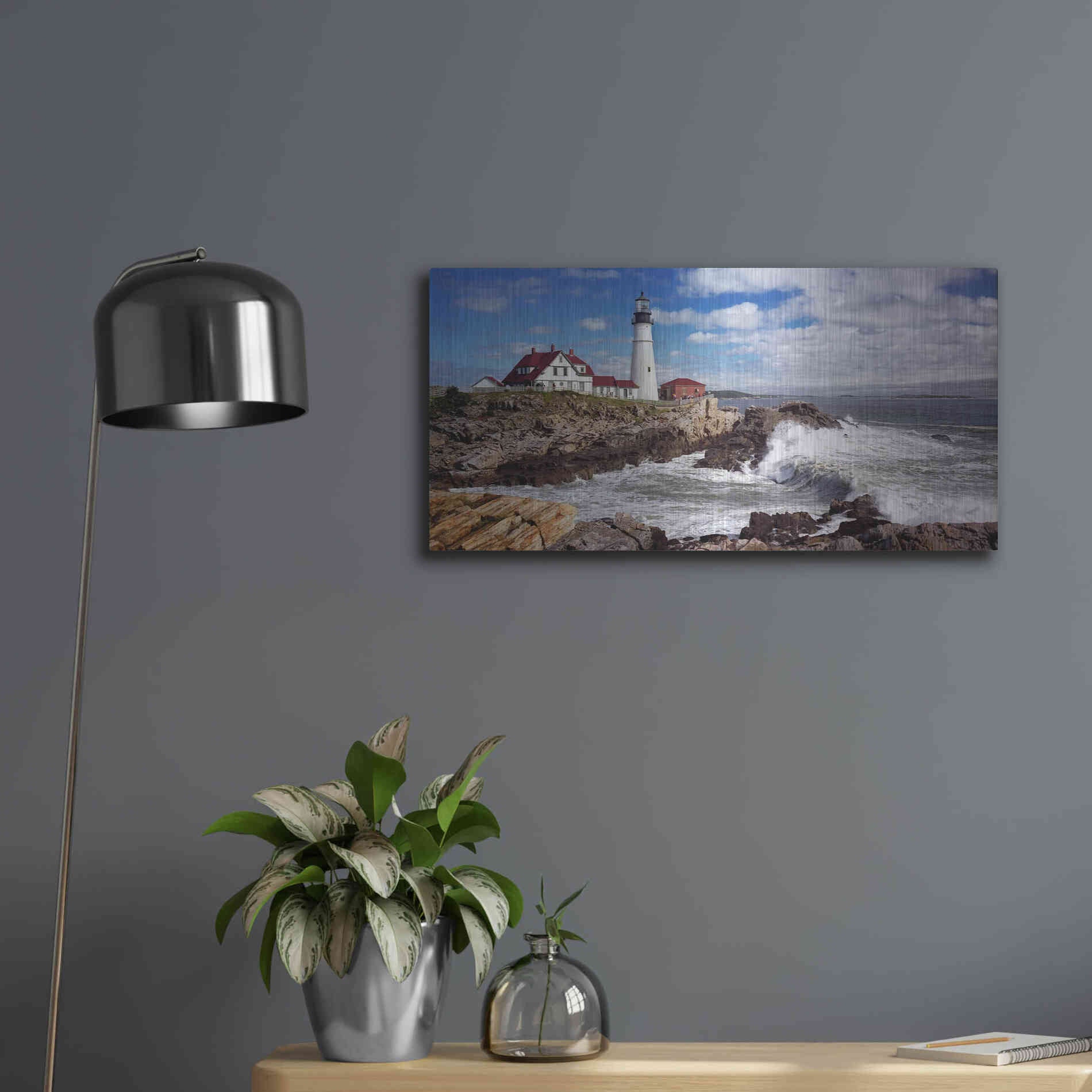 Luxe Metal Art 'Portland Head Light' by Mike Jones, Metal Wall Art,24x12
