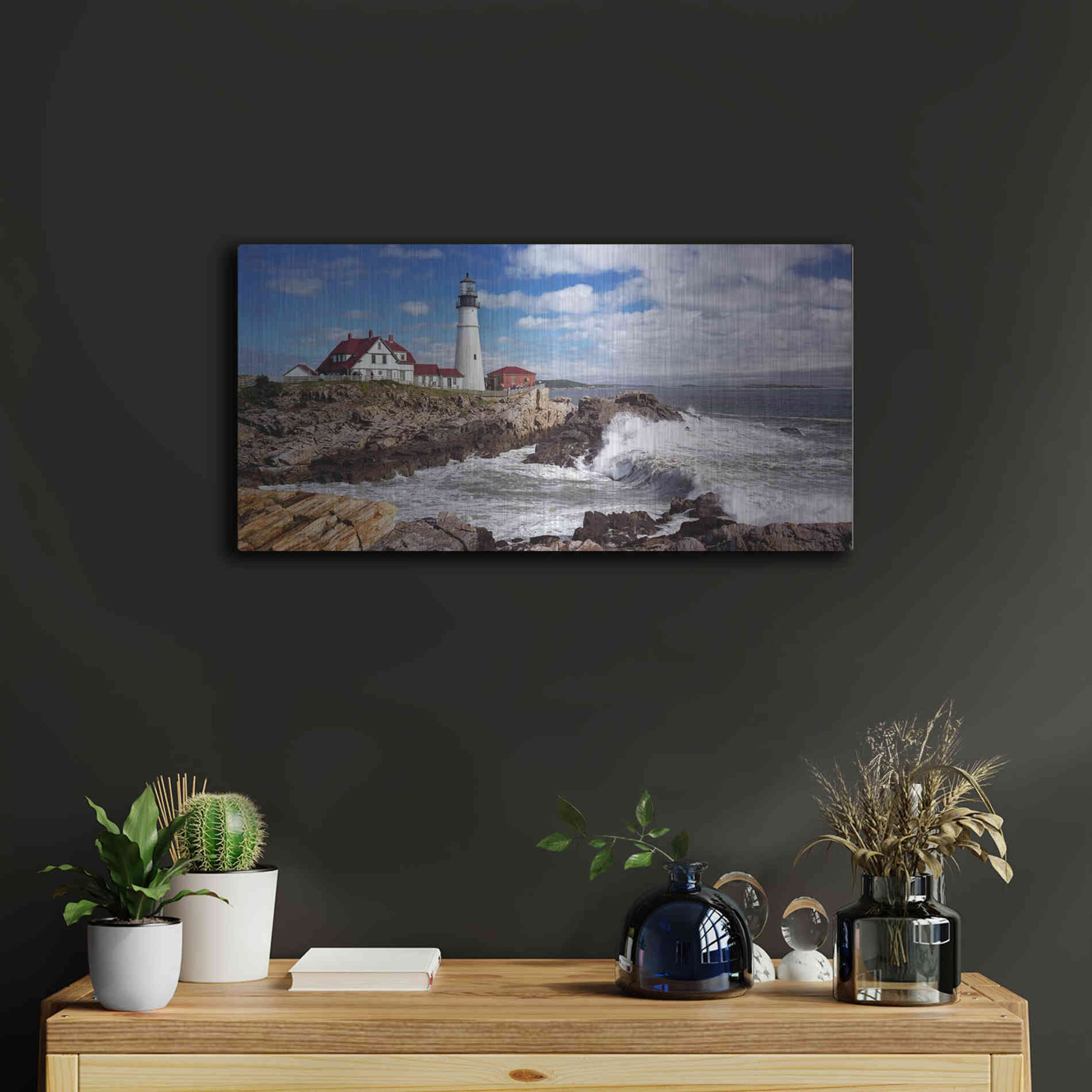 Luxe Metal Art 'Portland Head Light' by Mike Jones, Metal Wall Art,24x12