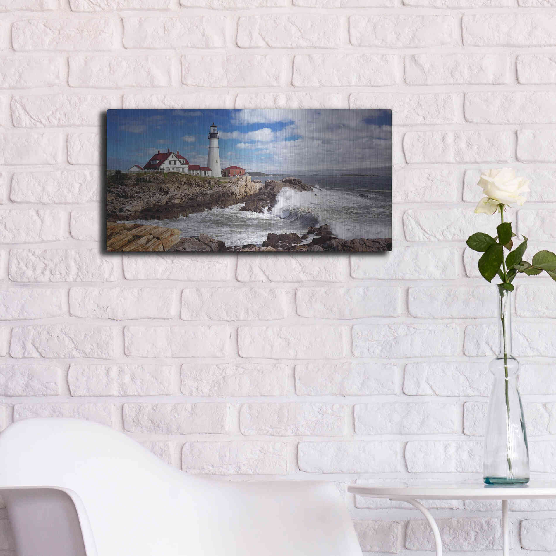 Luxe Metal Art 'Portland Head Light' by Mike Jones, Metal Wall Art,24x12