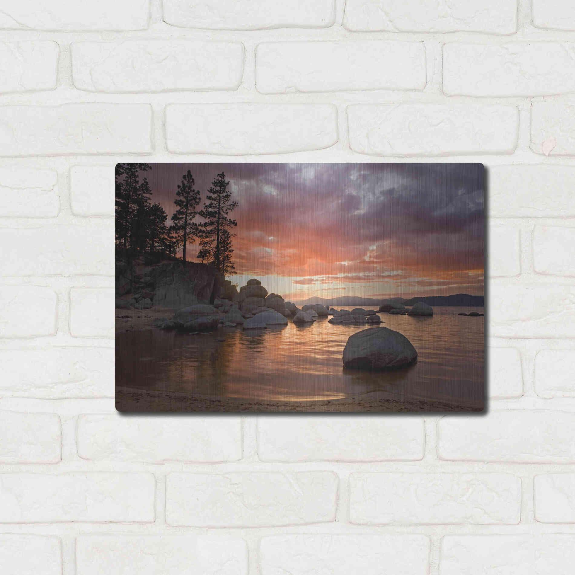 Luxe Metal Art 'Sand Harbor Sunset' by Mike Jones, Metal Wall Art,16x12