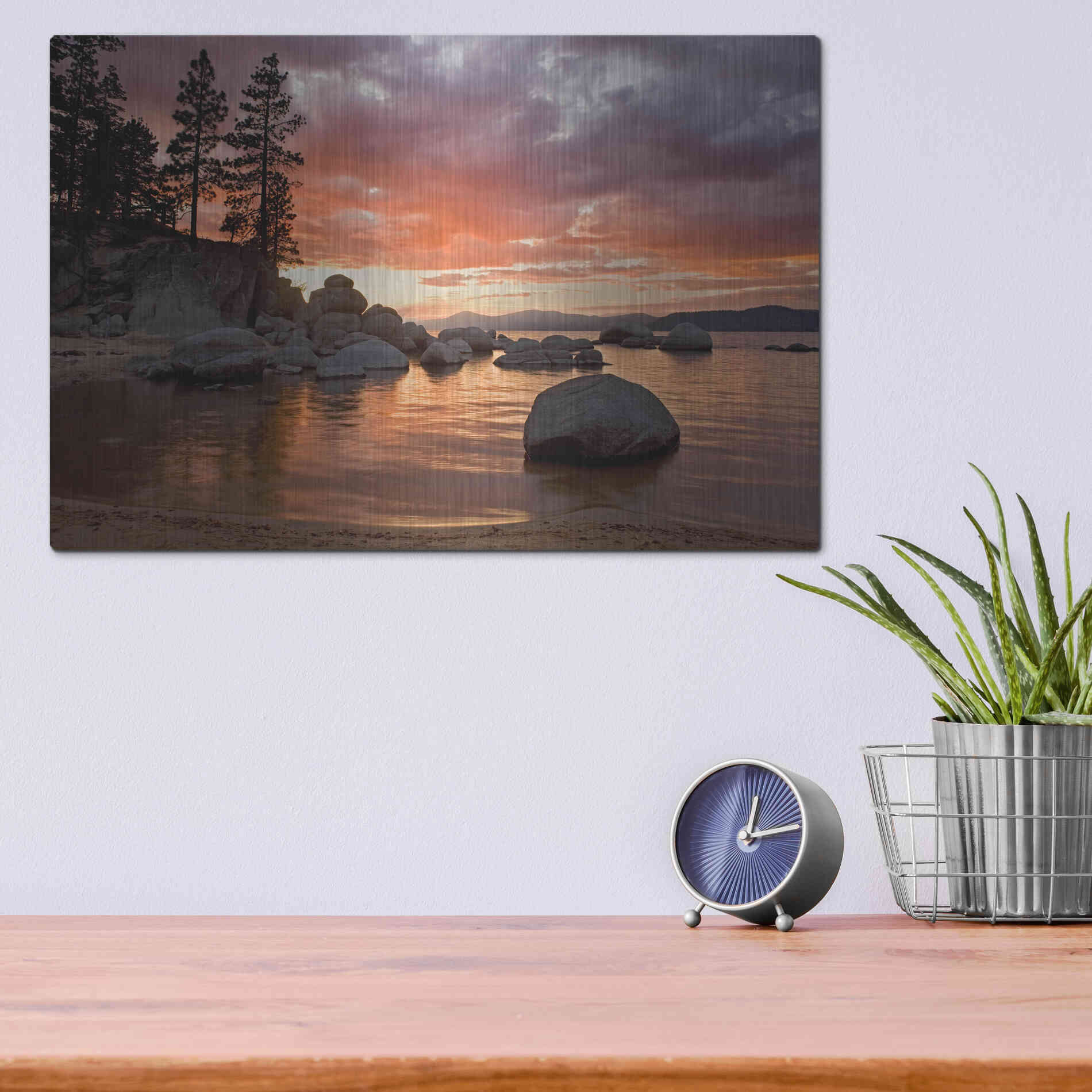 Luxe Metal Art 'Sand Harbor Sunset' by Mike Jones, Metal Wall Art,16x12