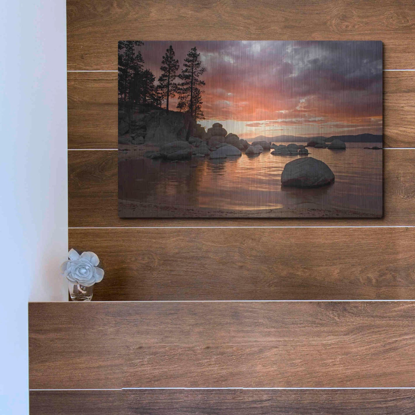 Luxe Metal Art 'Sand Harbor Sunset' by Mike Jones, Metal Wall Art,16x12