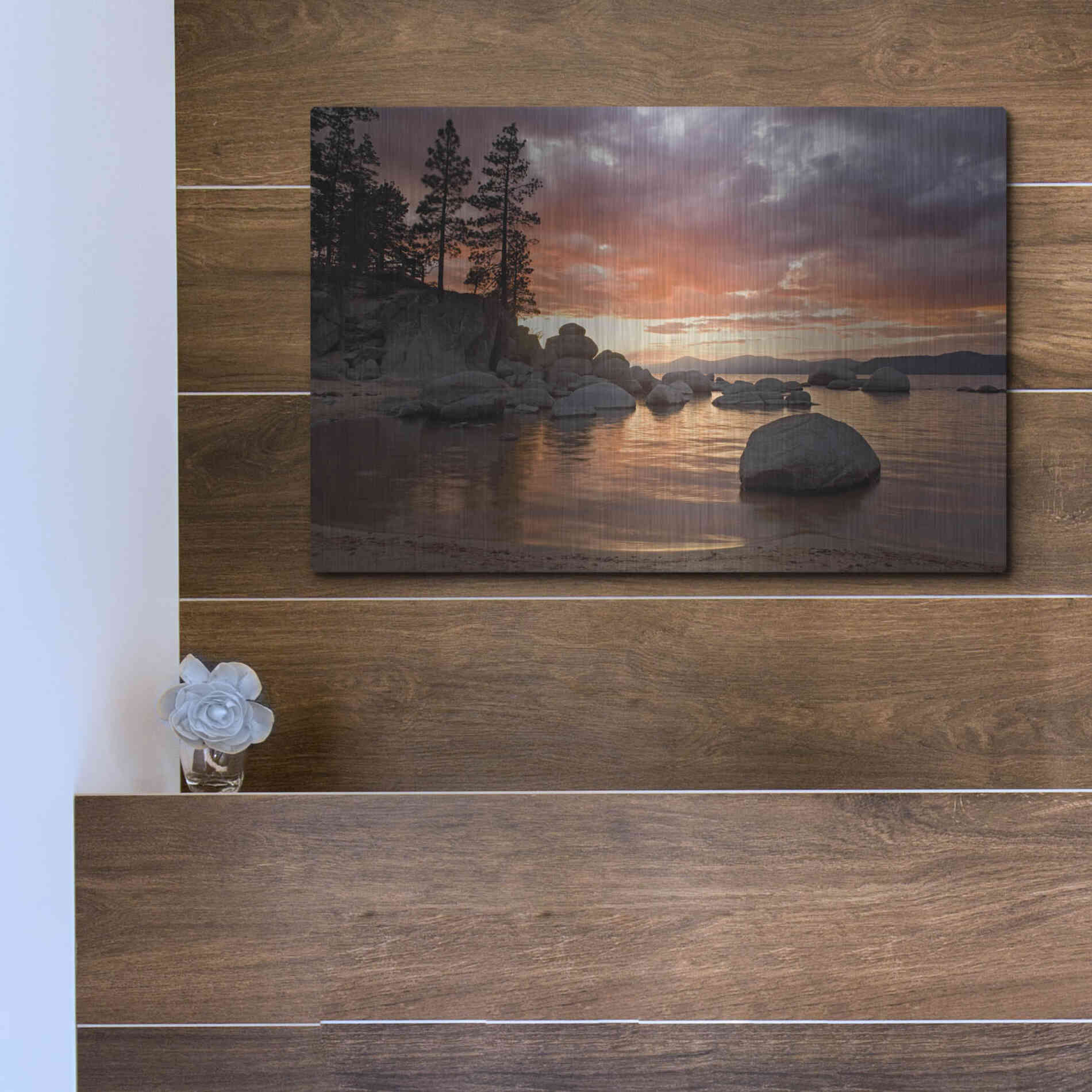 Luxe Metal Art 'Sand Harbor Sunset' by Mike Jones, Metal Wall Art,16x12
